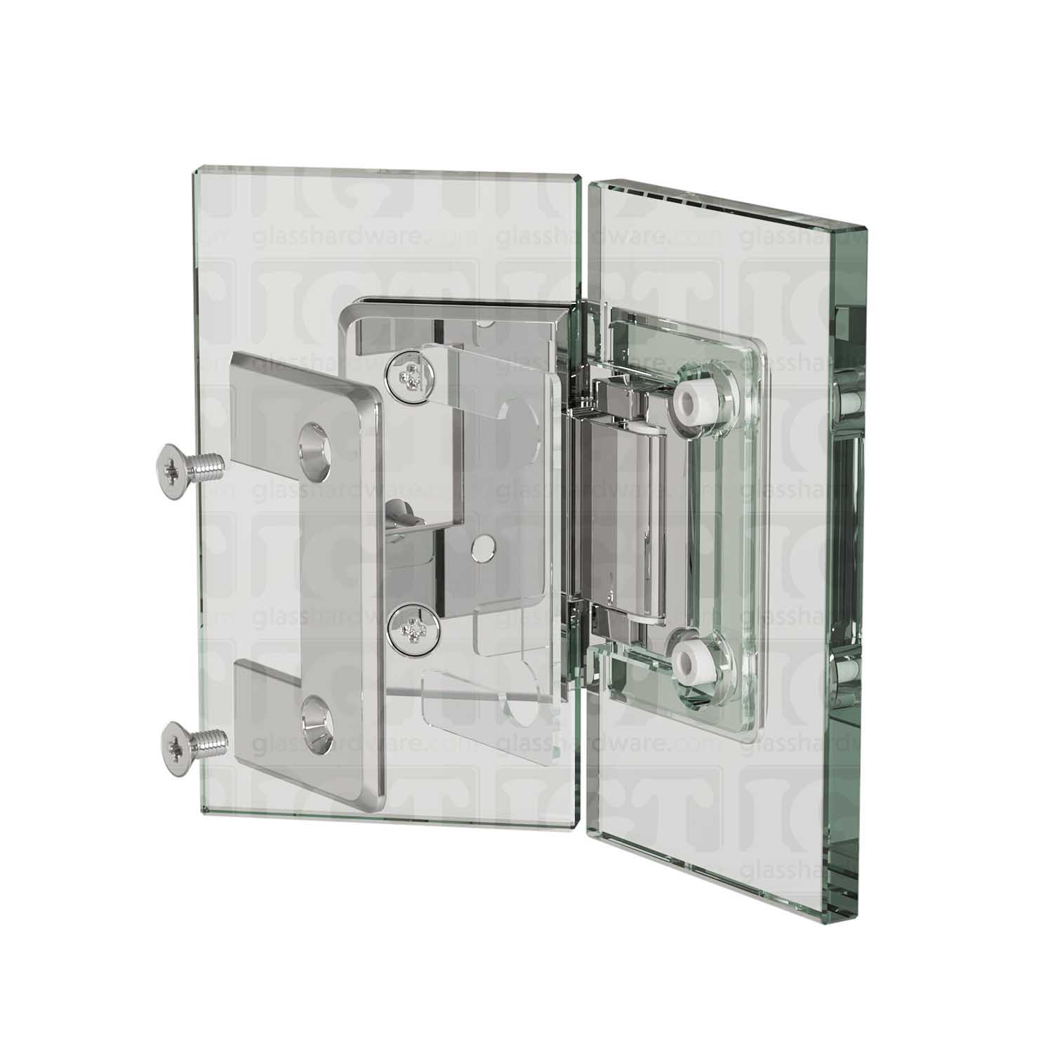 Exploded view of a Glass-to-Glass 135 Degree Bilboa Hinge assembly, showing its individual components. The image illustrates how the hinge attaches securely to the glass. Chrome Polished.