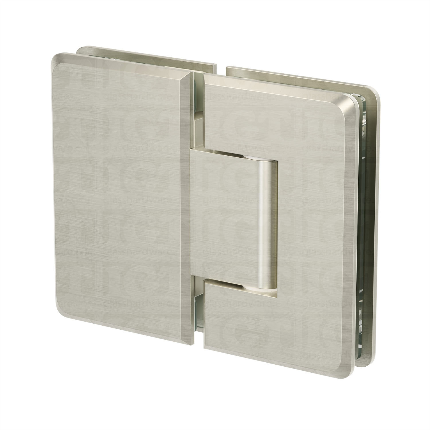 The Glass-to-Glass 180 Degree Bilboa Hinge in Brushed Nickel.