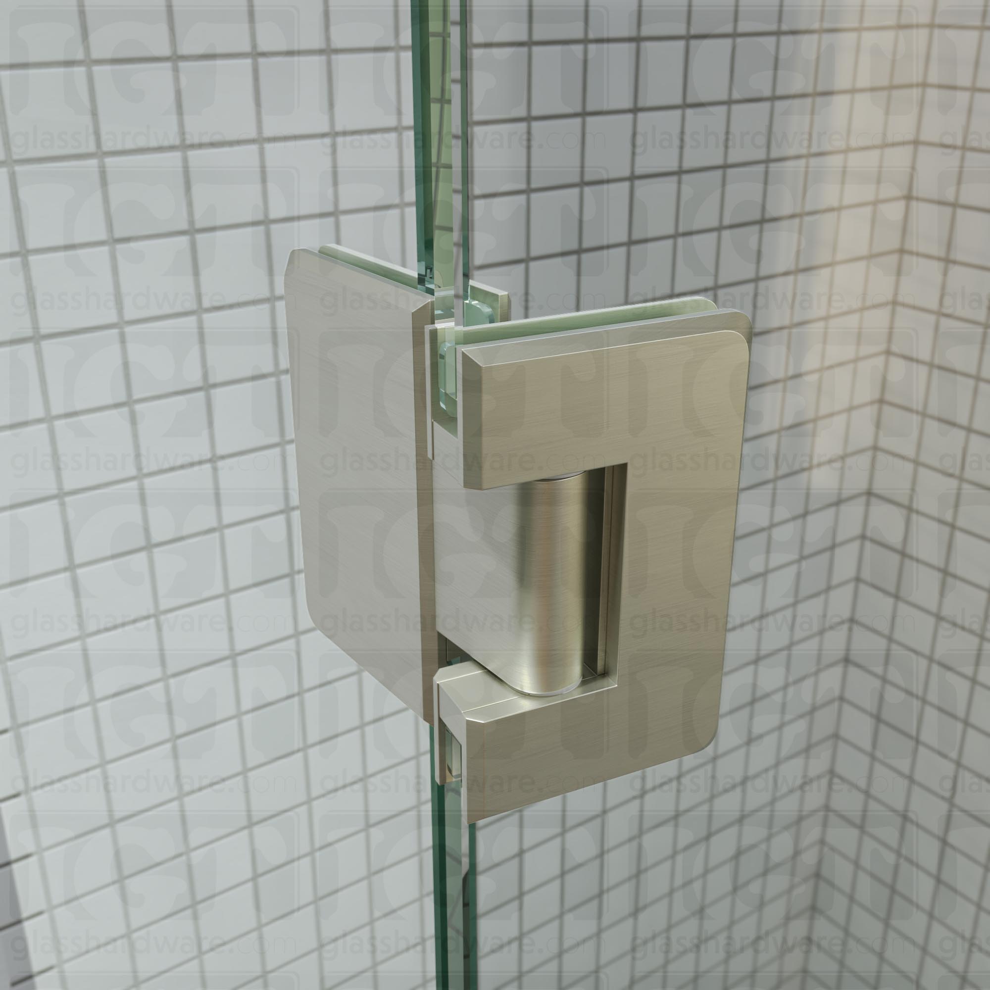 A close-up view of the Glass-to-Glass 180 Degree Bilboa Hinge installed on a modern shower door in the open position, showcasing its Brushed Nickel finish in more detail.