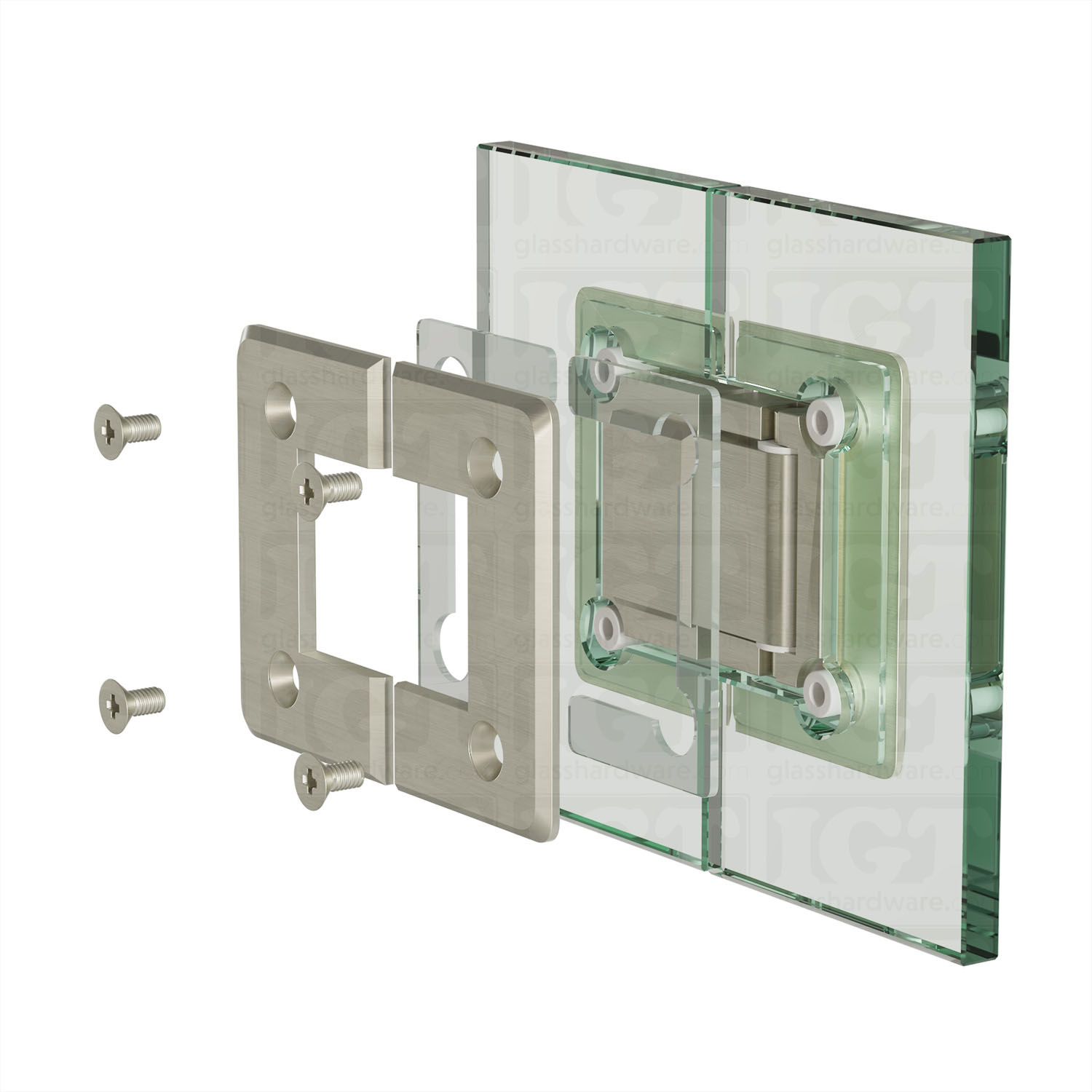 Exploded view of a Glass-to-Glass 180 Degree Bilboa Hinge assembly, showing its individual components. The image illustrates how the hinge attaches securely to the glass. Brushed Nickel.