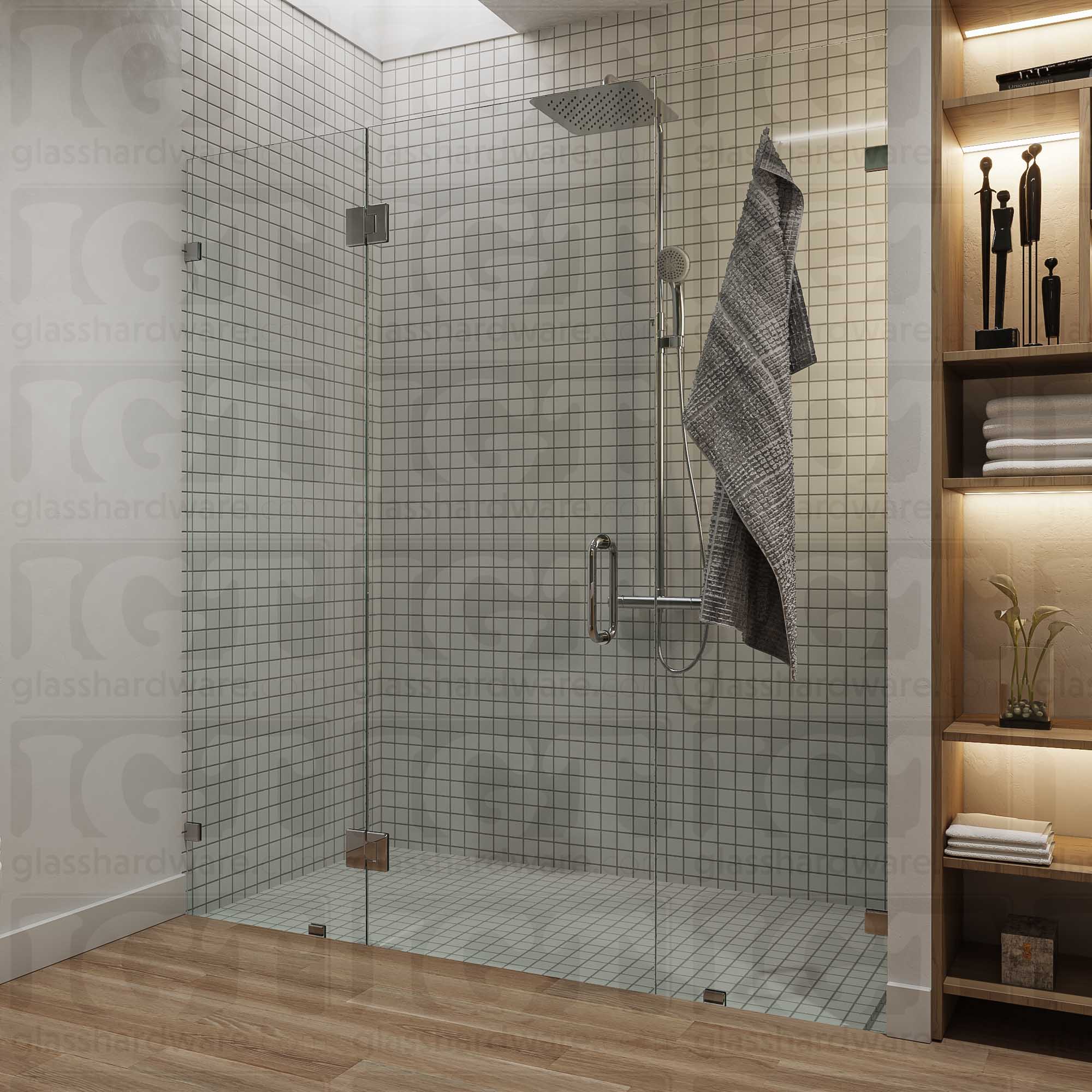 A modern frameless shower door installation using two Glass-to-Glass 180 Degree Bilboa Hinges. Chrome Polished.