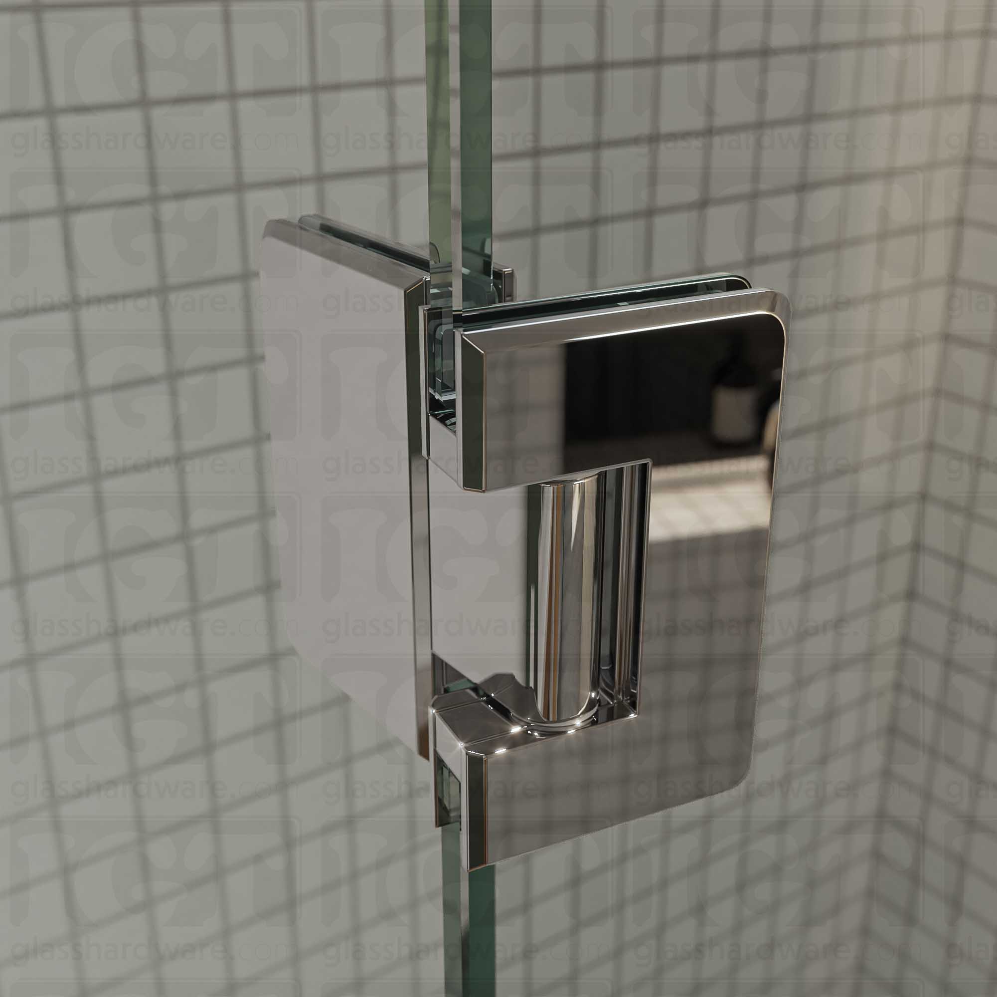 A close-up view of the Glass-to-Glass 180 Degree Bilboa Hinge installed on a modern shower door in the open position, showcasing its Chrome Polished finish in more detail.