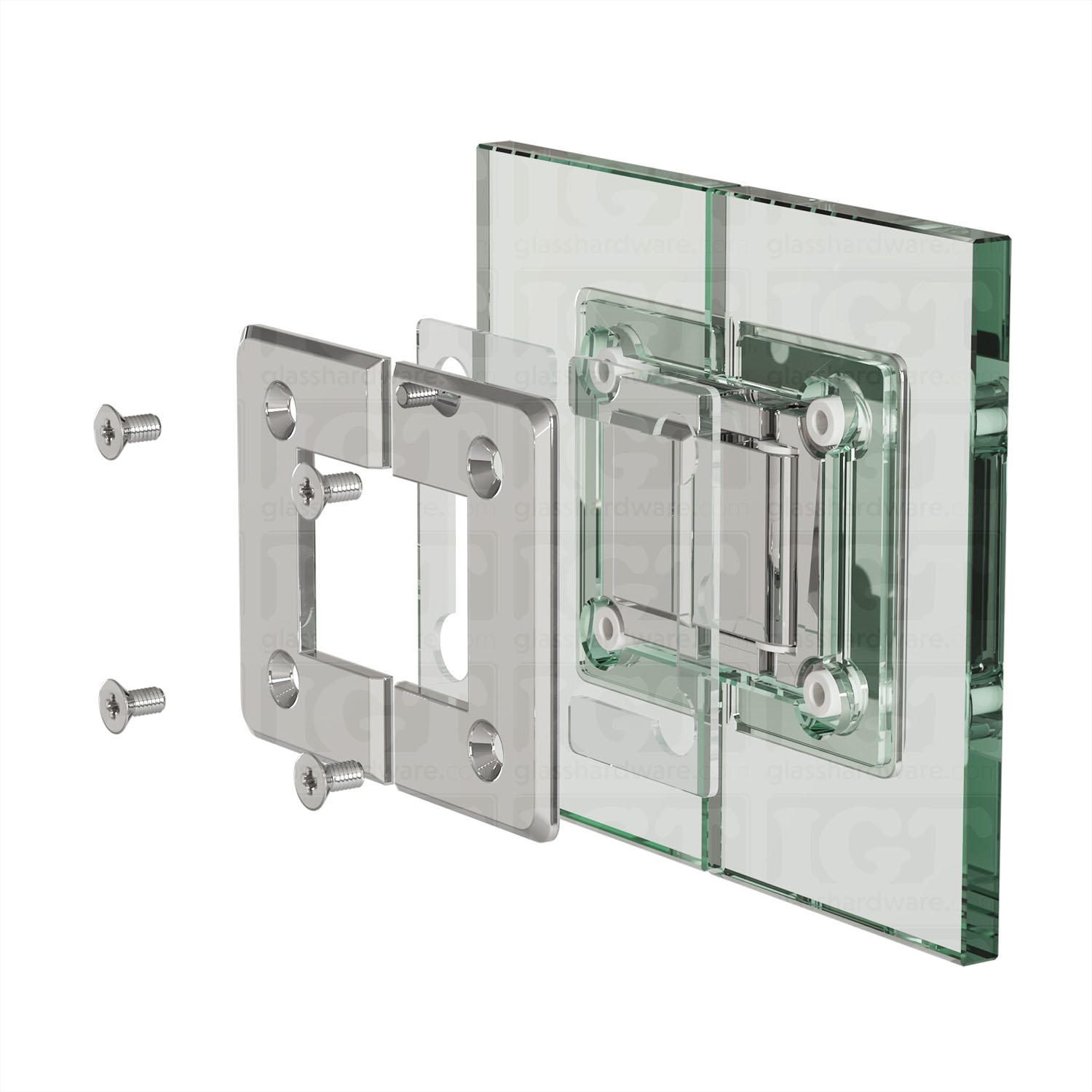 Exploded view of a Glass-to-Glass 180 Degree Bilboa Hinge assembly, showing its individual components. The image illustrates how the hinge attaches securely to the glass. Chrome Polished.