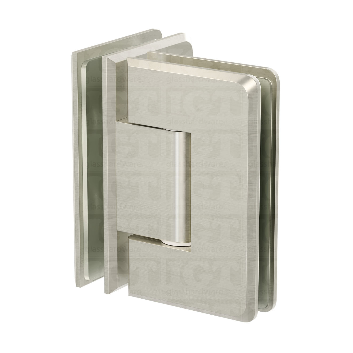 The Glass-to-Glass 90 Degree Bilboa Hinge in Brushed Nickel.