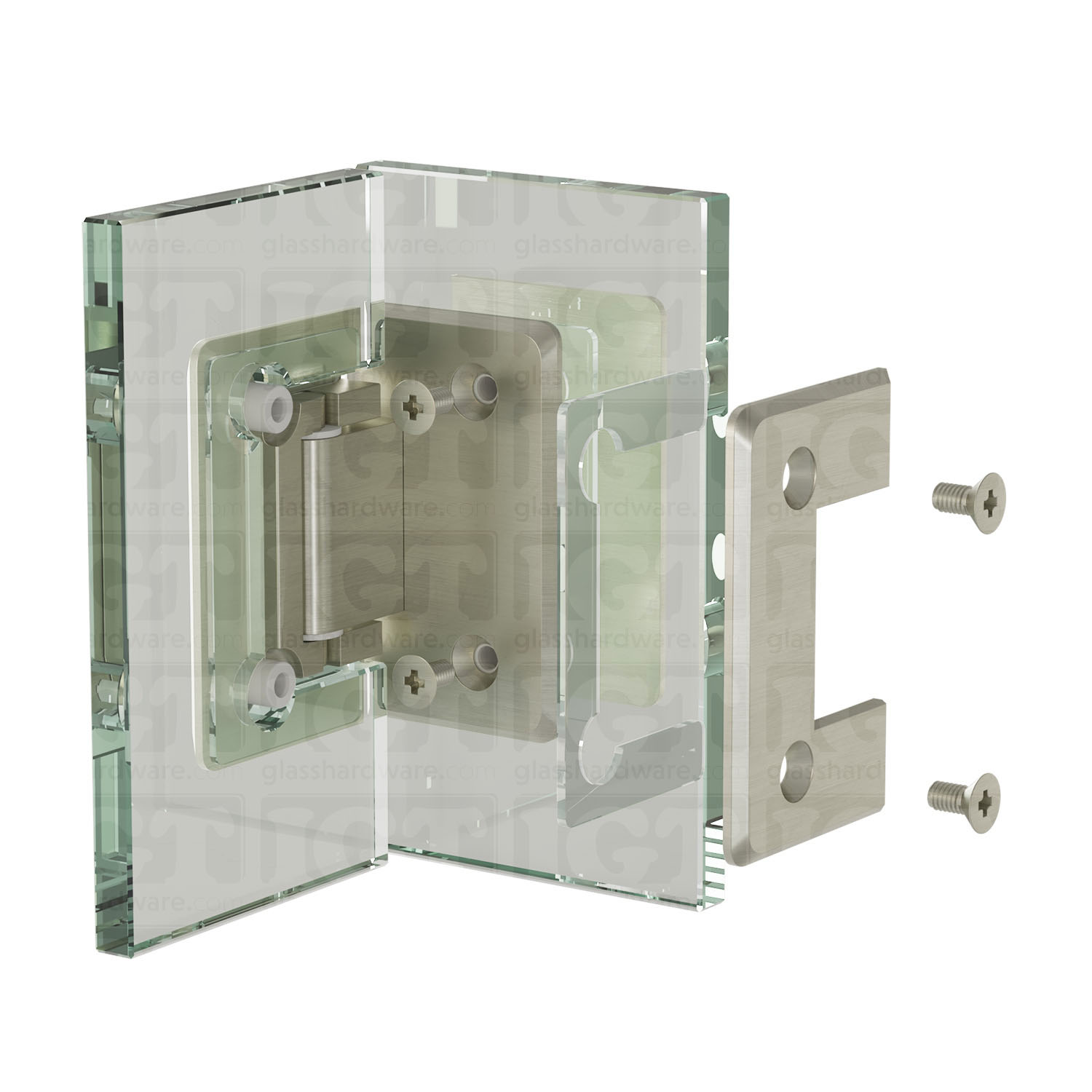 Exploded view of a Glass-to-Glass 90 Degree Bilboa Hinge assembly, showing its individual components. The image illustrates how the hinge attaches securely to the glass. Brushed Nickel.