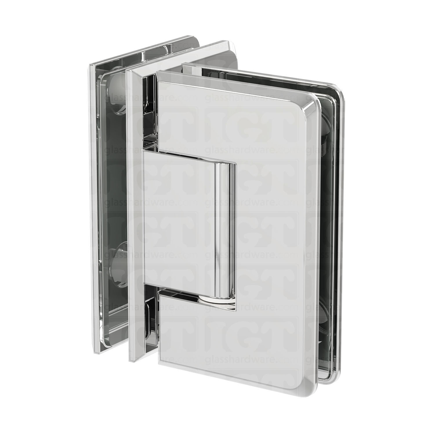 The Glass-to-Glass 90 Degree Bilboa Hinge in Chrome Polished.