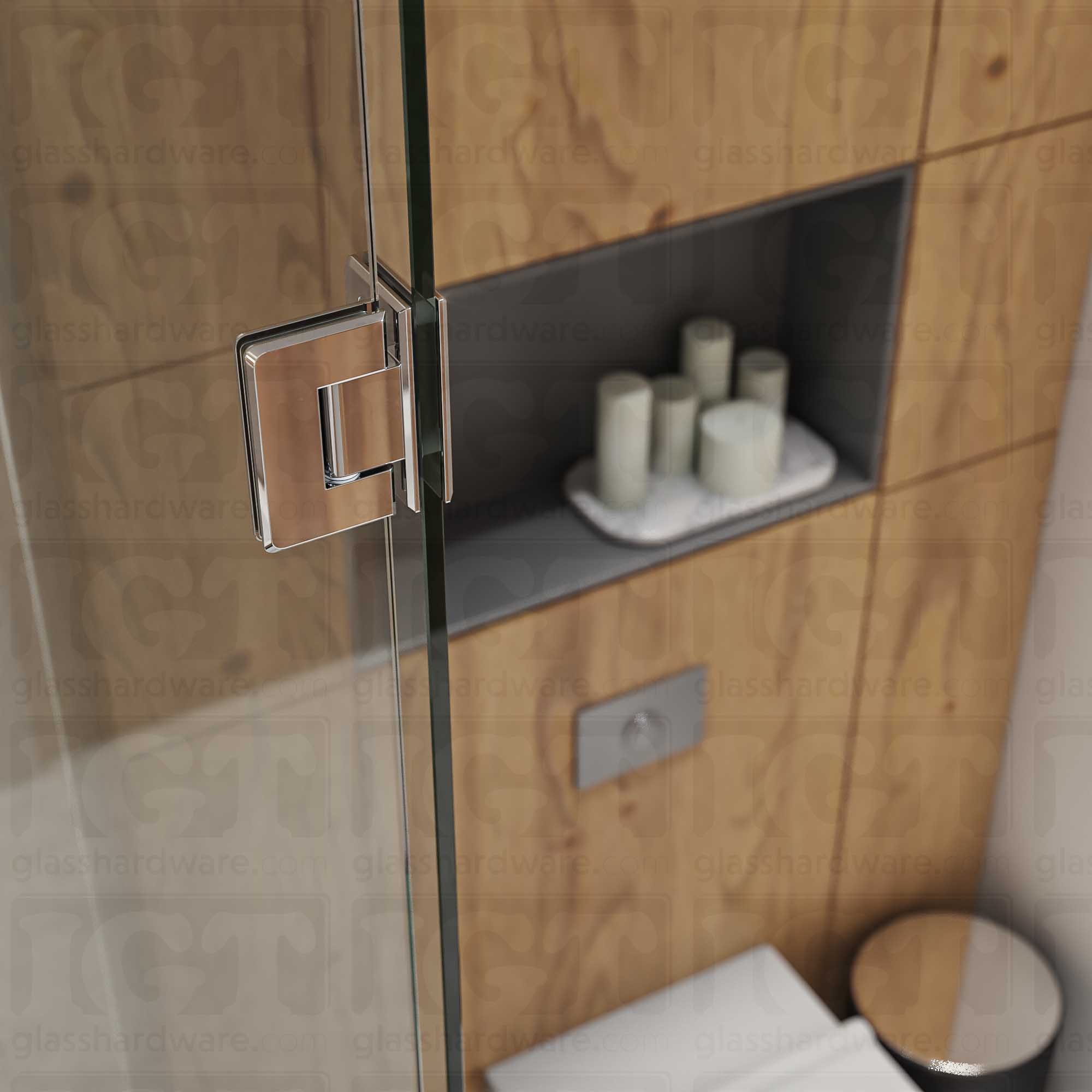 A close-up view of the Glass-to-Glass 90 Degree Bilboa Hinge installed on a modern shower door, showcasing its Chrome Polished finish in more detail.