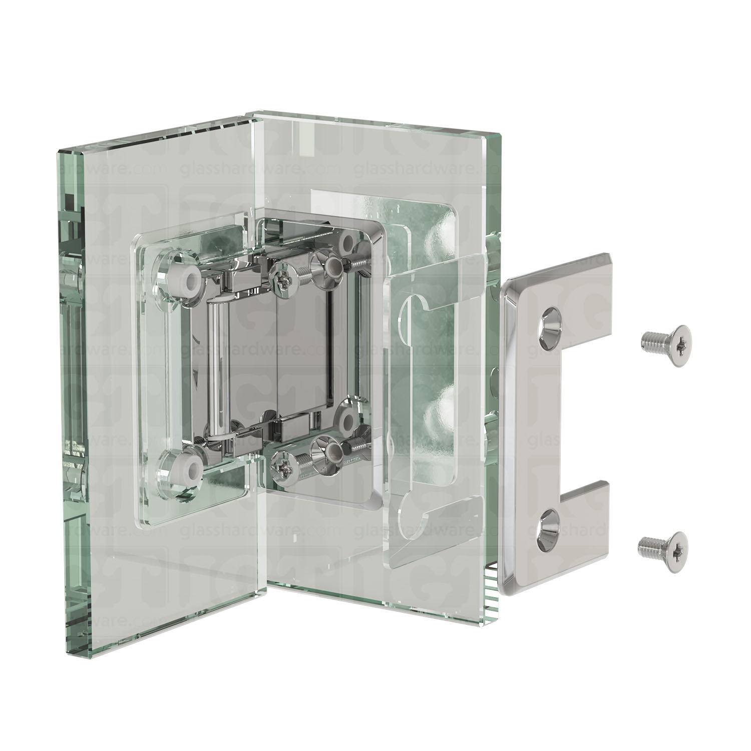 Exploded view of a Glass-to-Glass 90 Degree Bilboa Hinge assembly, showing its individual components. The image illustrates how the hinge attaches securely to the glass. Chrome Polished.