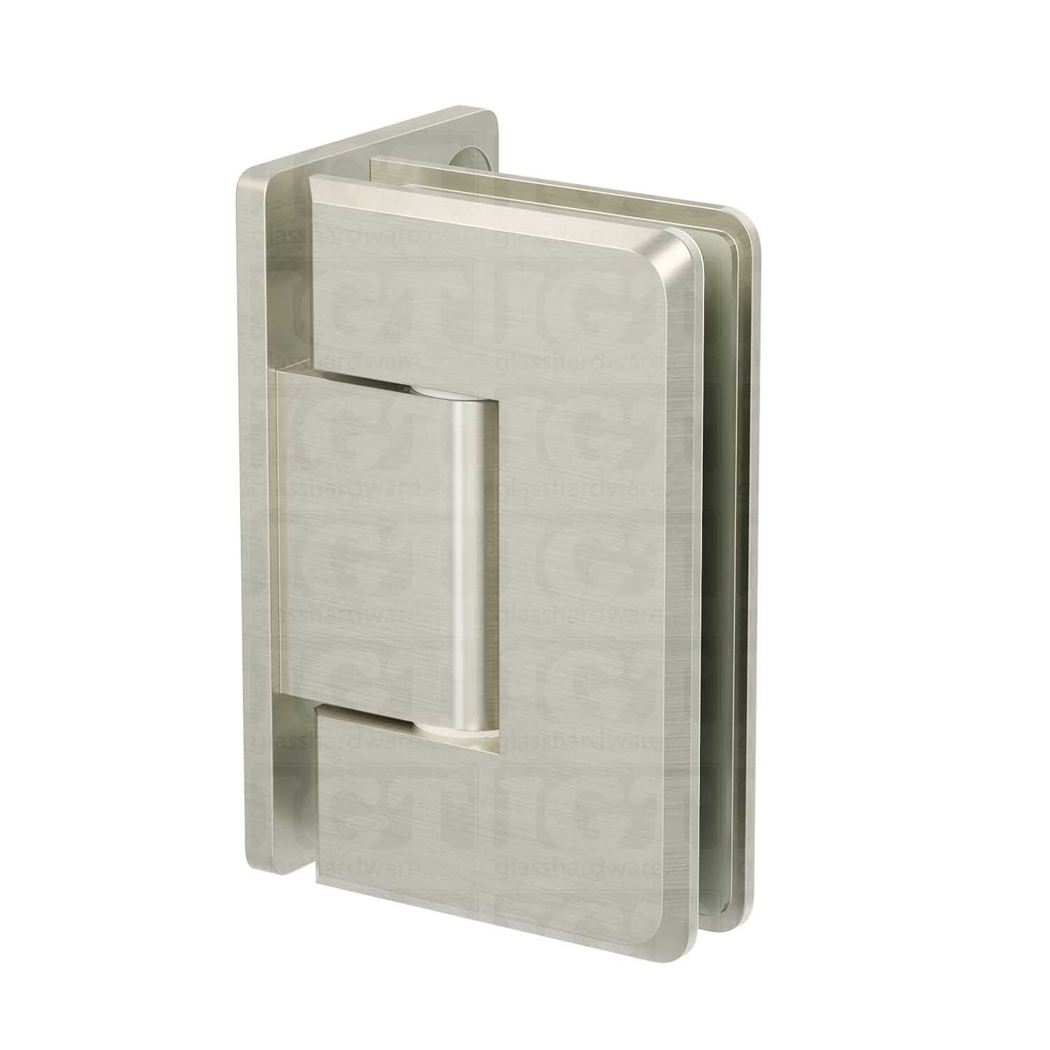 The Wall-to-Glass Offset Back Bilboa Hinge in Brushed Nickel.