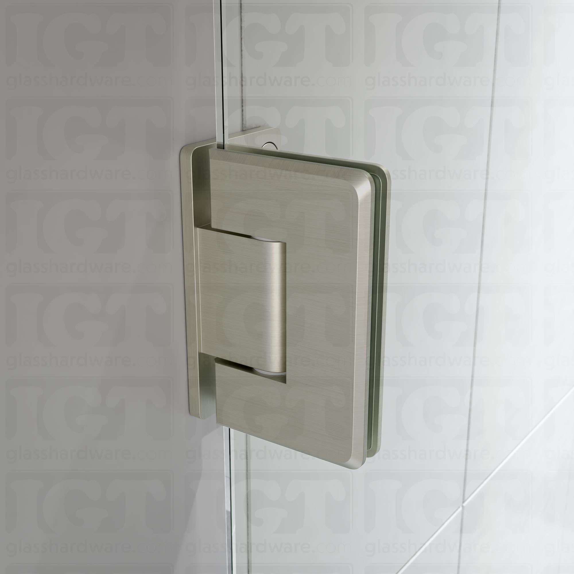 A close-up view of the Wall-to-Glass Offset Back Bilboa Hinge installed on a modern shower door, showcasing its Brushed Nickel finish in more detail.