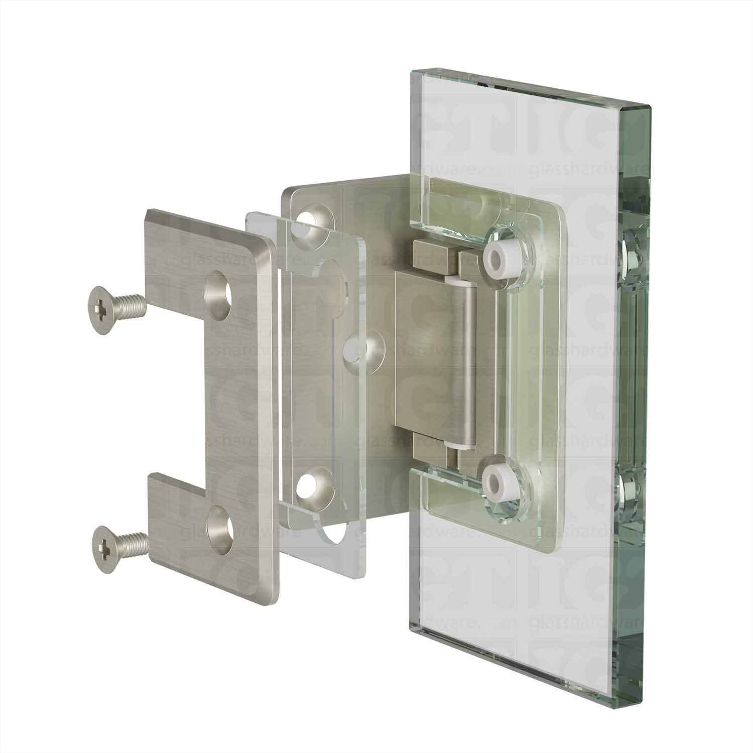 Exploded view of a Wall-to-Glass Offset Back Bilboa Hinge assembly, showing its individual components. The image illustrates how the hinge attaches securely to the glass. Brushed Nickel.