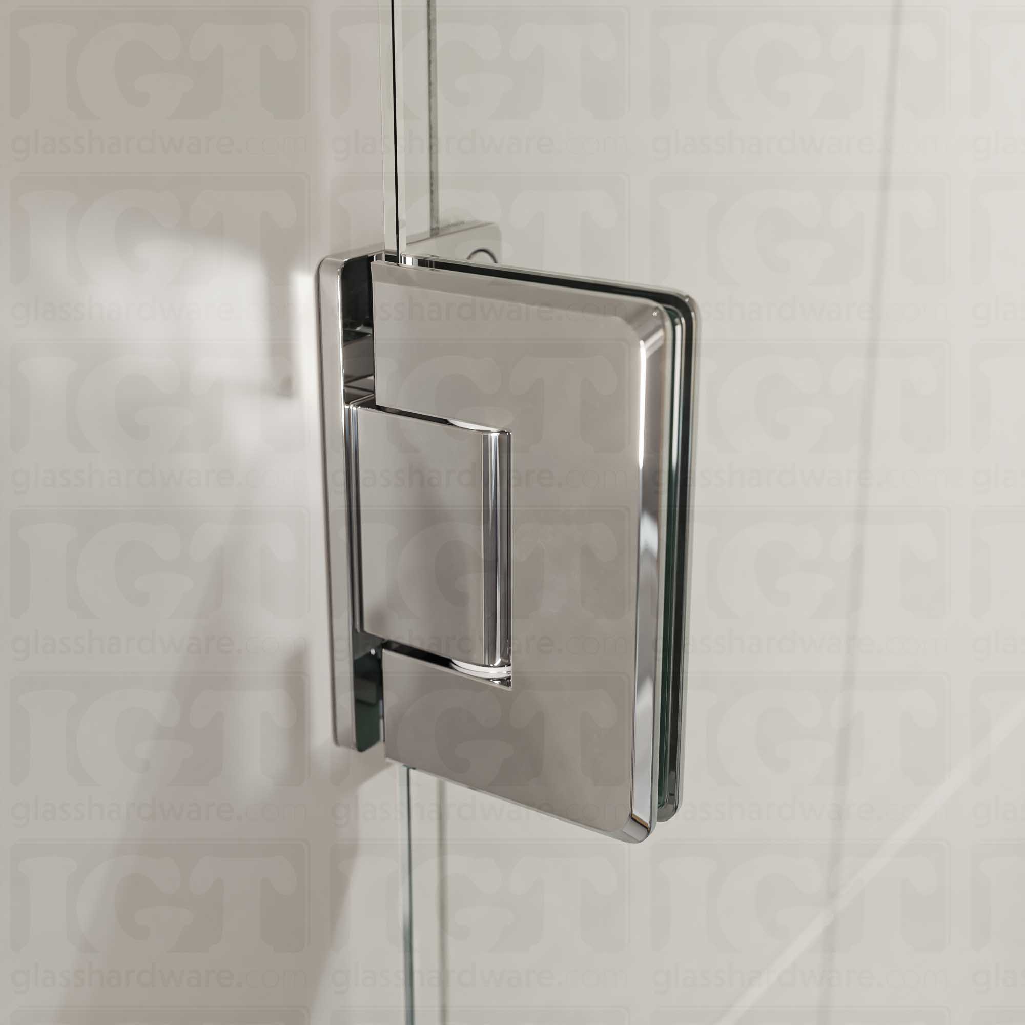 A close-up view of the Wall-to-Glass Offset Back Bilboa Hinge installed on a modern shower door, showcasing its Chrome Polished finish in more detail.