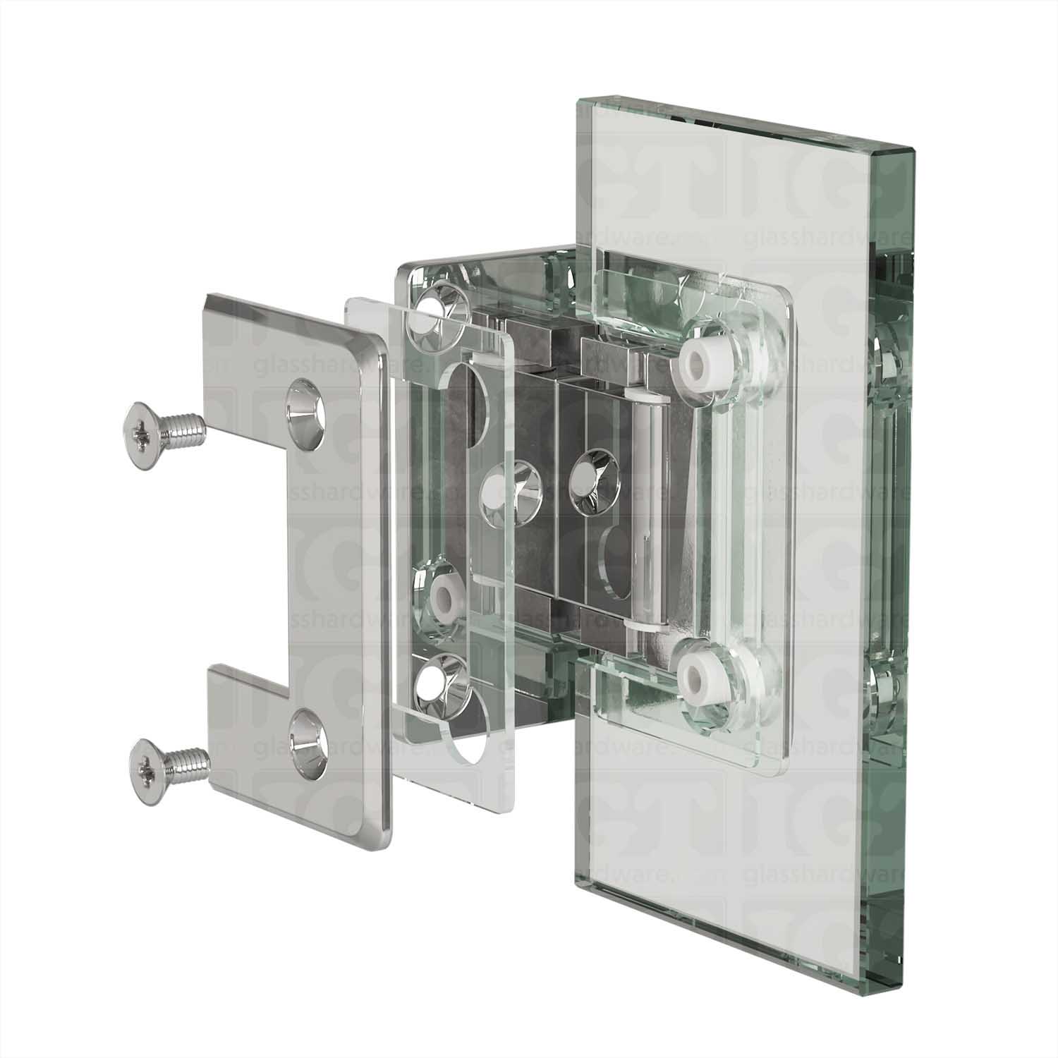 Exploded view of a Wall-to-Glass Offset Back Bilboa Hinge assembly, showing its individual components. The image illustrates how the hinge attaches securely to the glass. Chrome Polished.