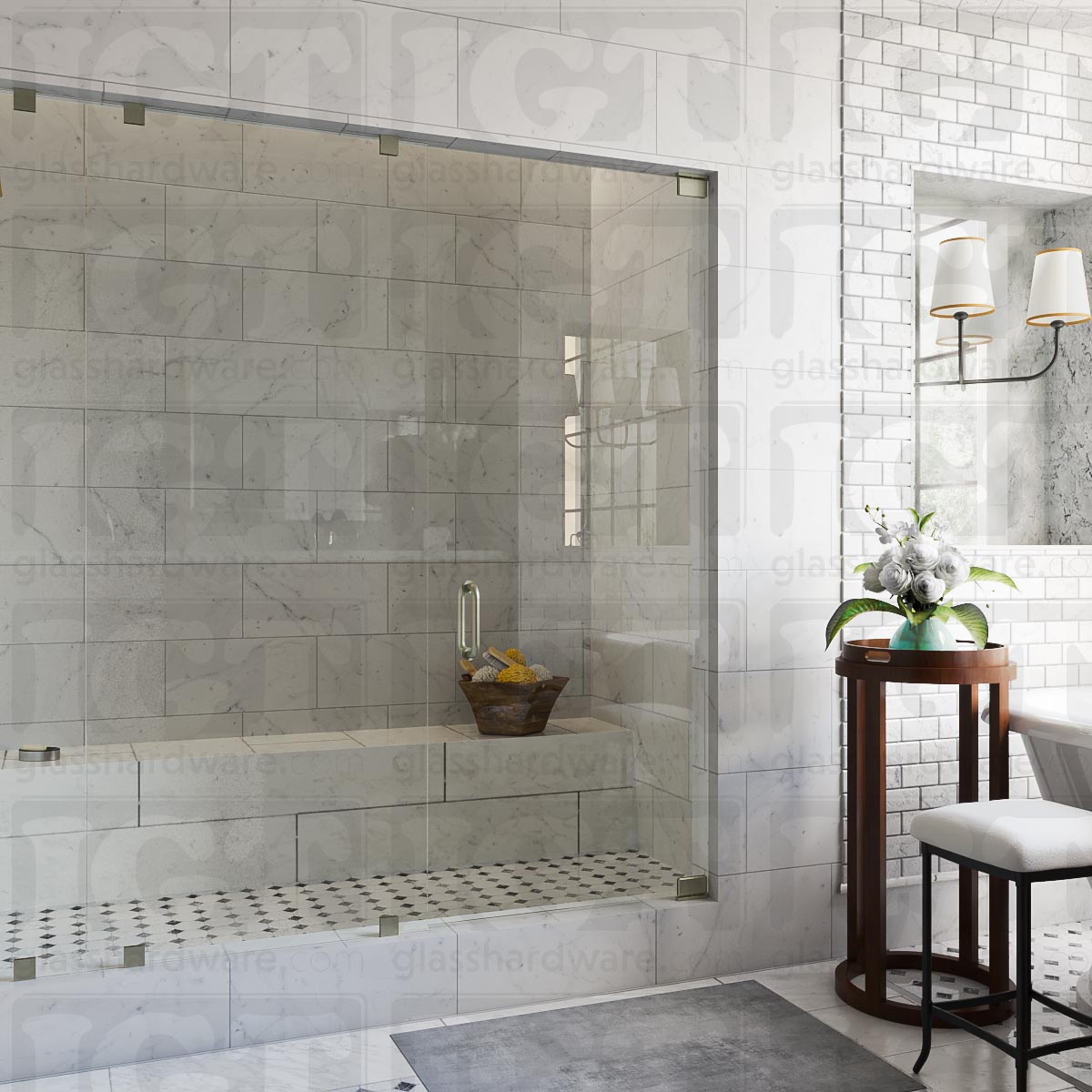 An elegant bathroom interior featuring a glass shower enclosure with two Top and Bottom Bilboa Pivot Hinges for the shower door. The space has a marble-tiled shower with a built-in bench. Soft, ambient lighting highlights the luxurious finishes, creating a warm and sophisticated atmosphere. Brushed Nickel.