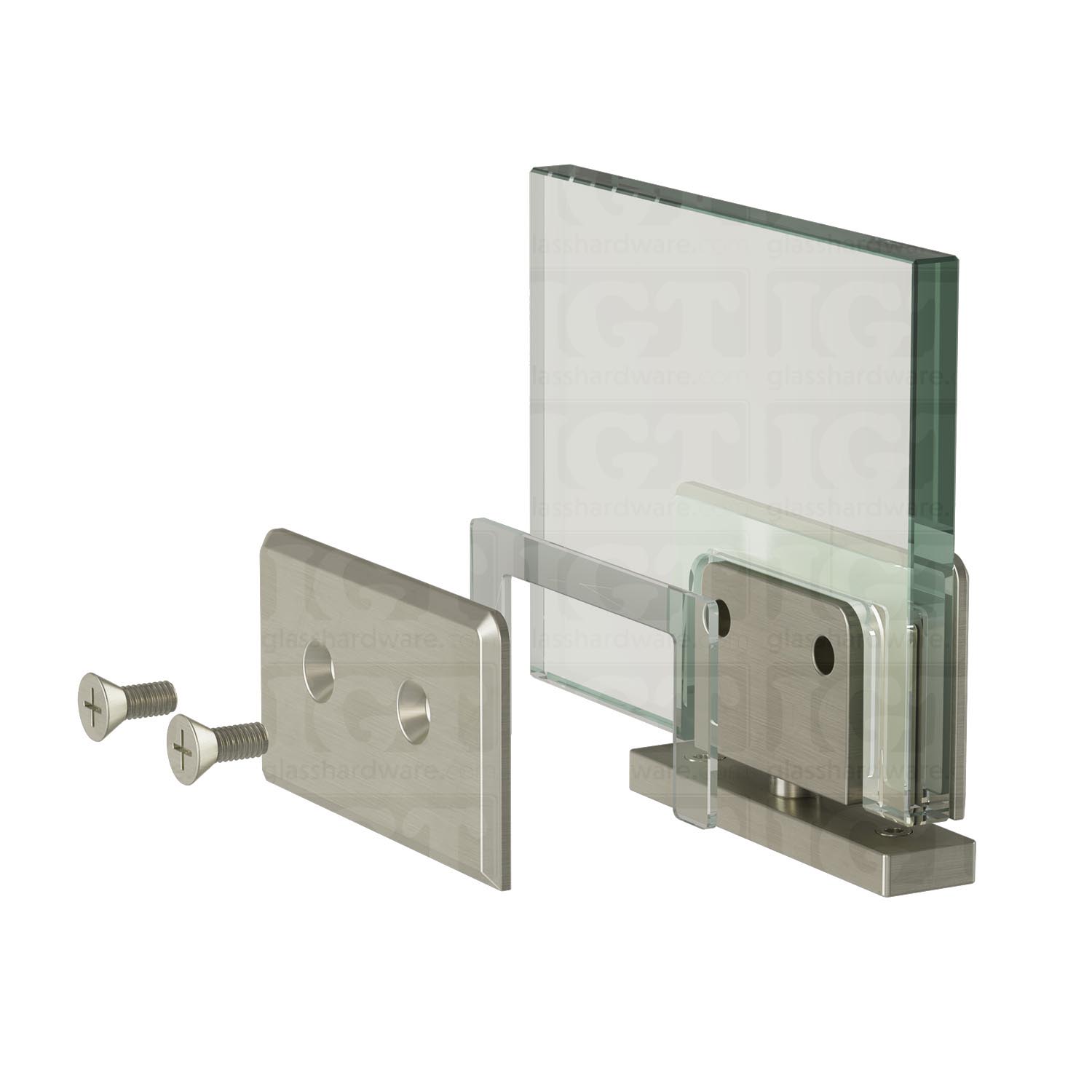 Exploded view of a Top and Bottom Bilboa Pivot Hinge assembly, showing its individual components. The image shows the hinge being securely attached to the glass. Brushed Nickel.