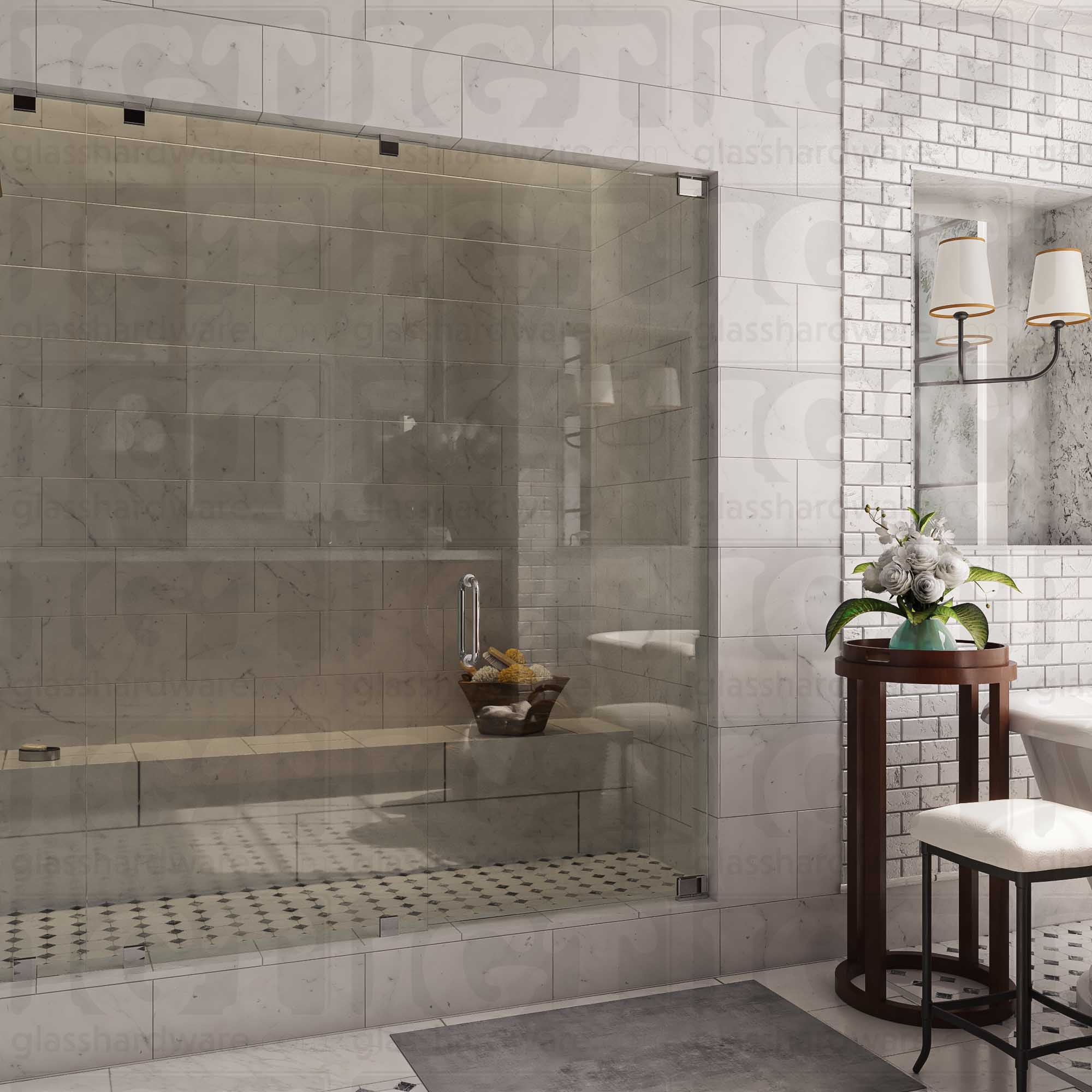 An elegant bathroom interior featuring a glass shower enclosure with two Top and Bottom Bilboa Pivot Hinges for the shower door. The space has a marble-tiled shower with a built-in bench. Soft, ambient lighting highlights the luxurious finishes, creating a warm and sophisticated atmosphere. Chrome Polished.