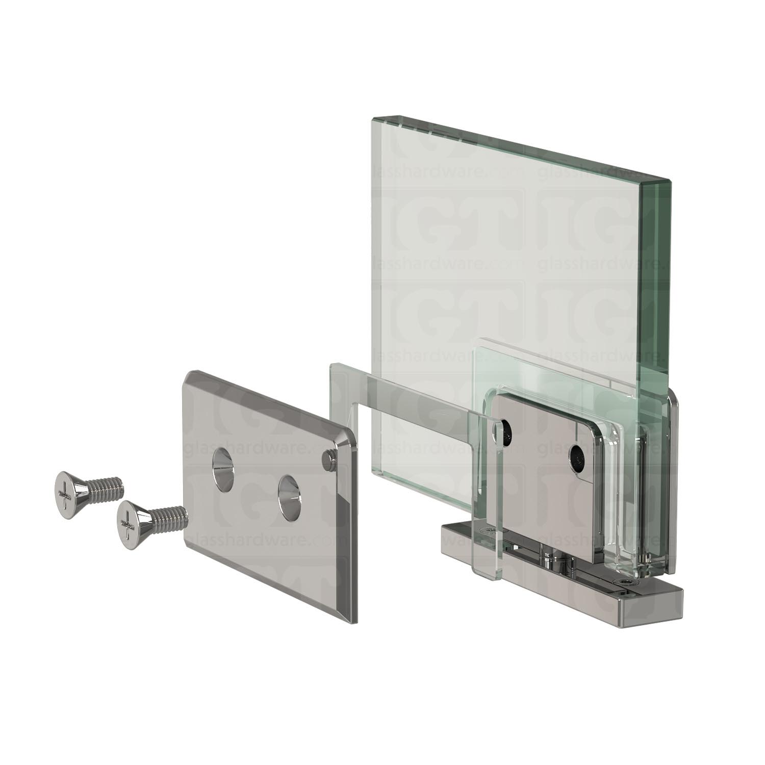 Exploded view of a Top and Bottom Bilboa Pivot Hinge assembly, showing its individual components. The image shows the hinge being securely attached to the glass. Chrome Polished.