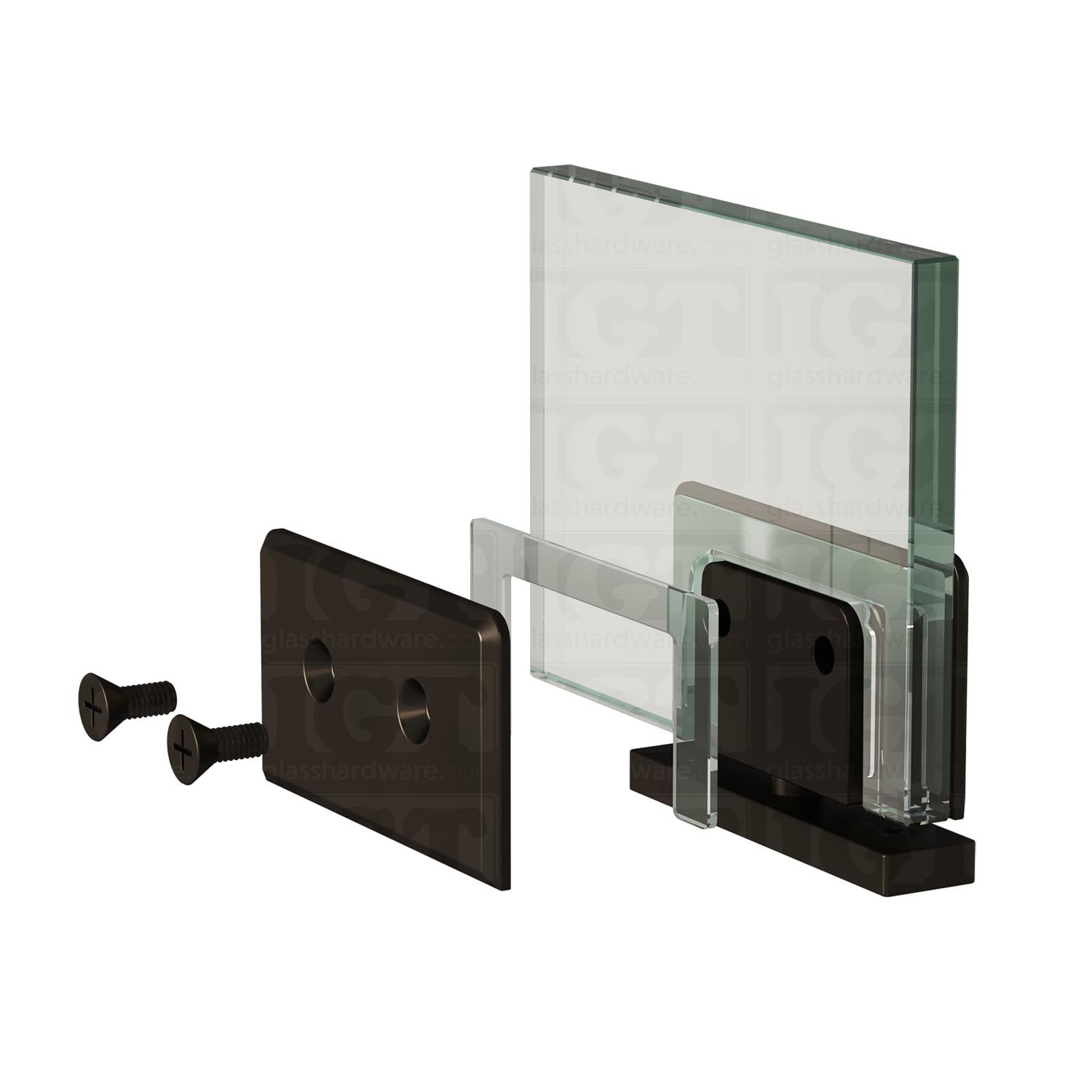 Exploded view of a Top and Bottom Bilboa Pivot Hinge assembly, showing its individual components. The image shows the hinge being securely attached to the glass. Oil Rubbed Bronze.