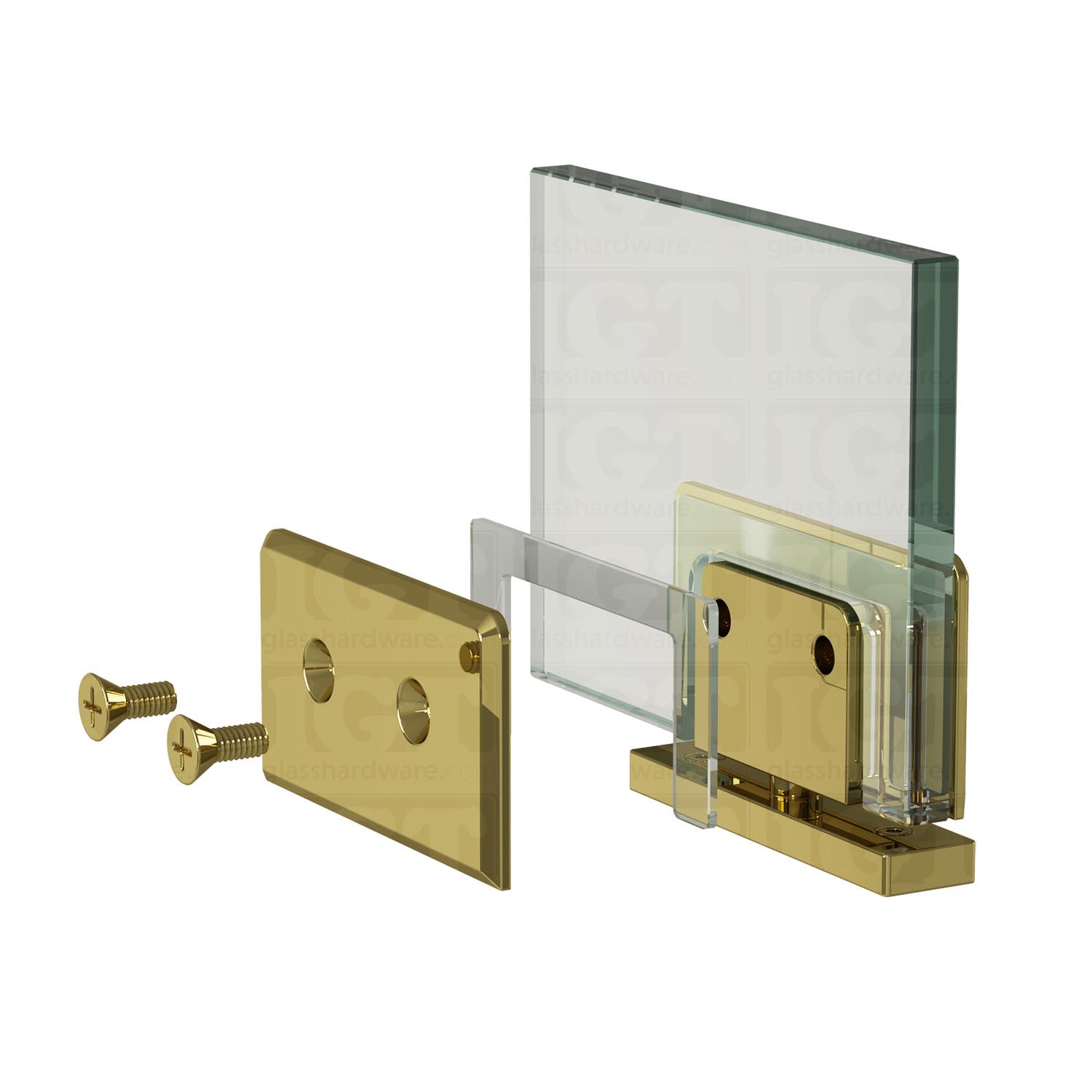 Exploded view of a Top and Bottom Bilboa Pivot Hinge assembly, showing its individual components. The image shows the hinge being securely attached to the glass. Polished Brass.