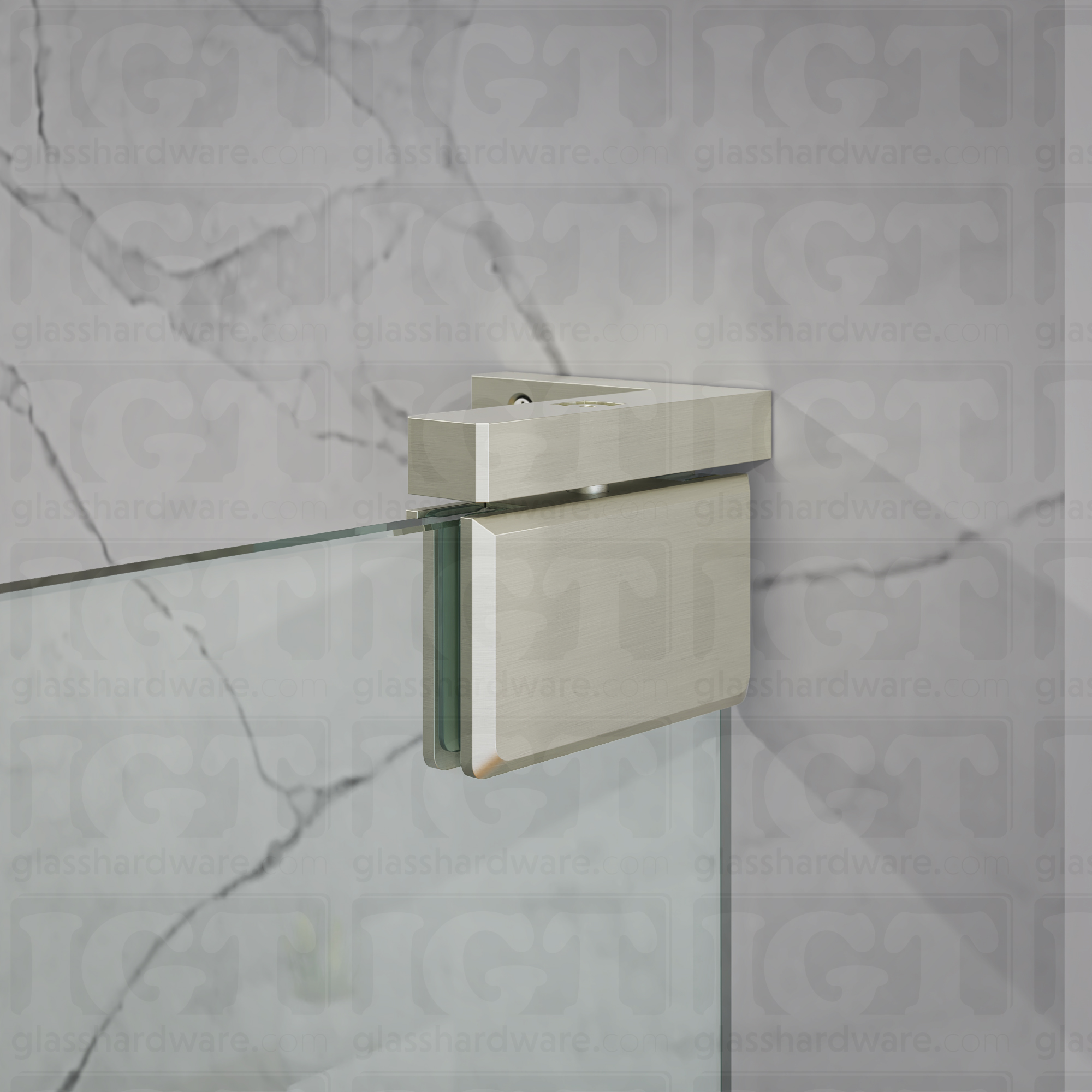 Close-up of the Left Wall Mount Bilboa Pivot Hinge mounted at the top of the glass shower door. The hinge's base plate is securely mounted to the wall, providing support for the shower door. Brushed Nickel.