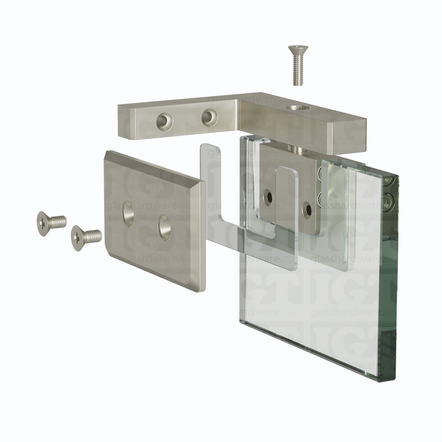 Exploded view of a Left Wall Mount Bilboa Pivot Hinge assembly, showing its individual components. The image shows the hinge being securely attached to the glass. Brushed Nickel.