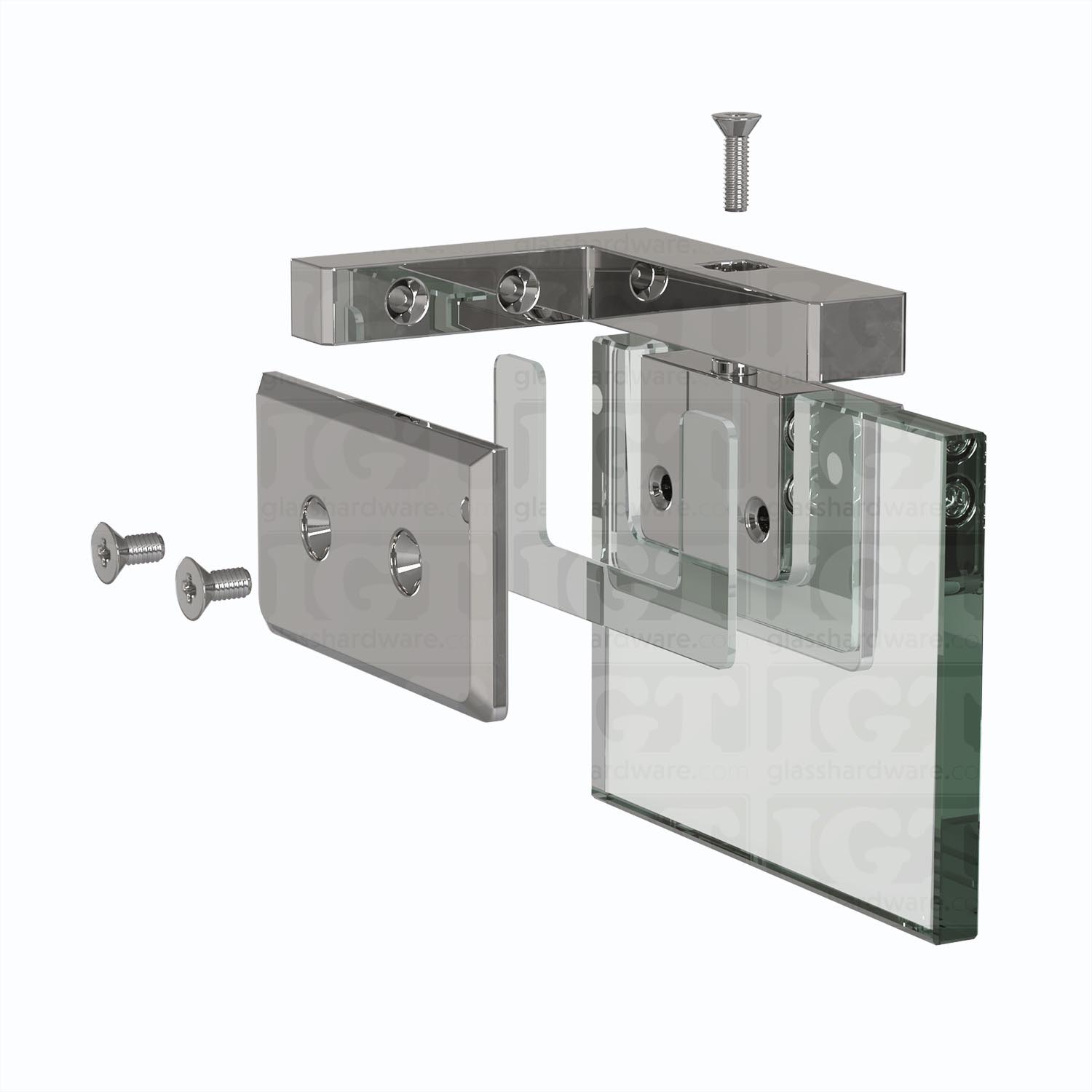 Exploded view of a Left Wall Mount Bilboa Pivot Hinge assembly, showing its individual components. The image shows the hinge being securely attached to the glass. Chrome Polished.