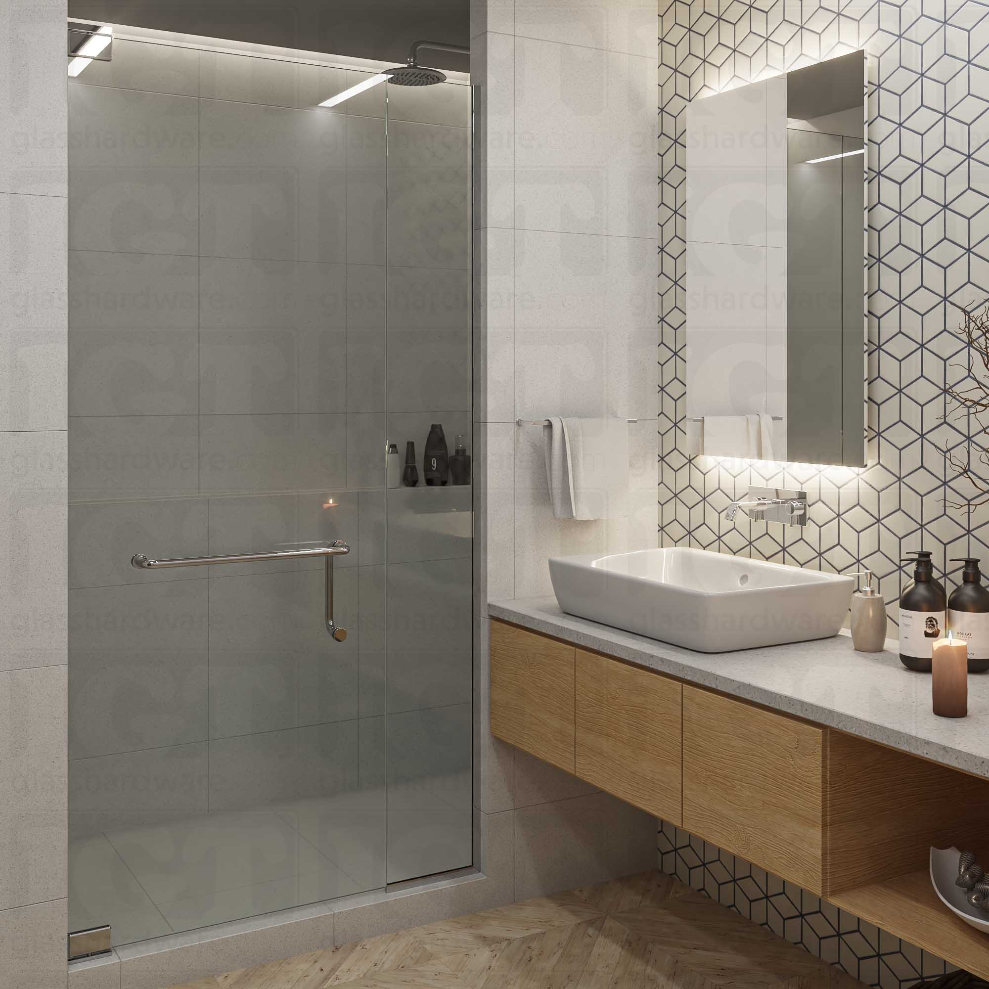 A modern bathroom complete with a frameless glass shower door. The shower door is secured by a bottom and a top pivot hinge, including the Right Wall Mount Bilboa Pivot Hinge fixed to the wall. The bathroom features modern geometric wall tiles, a floating wooden vanity, and a backlit mirror above a vessel sink, creating a stylish and elegant environment. Chrome Polished.