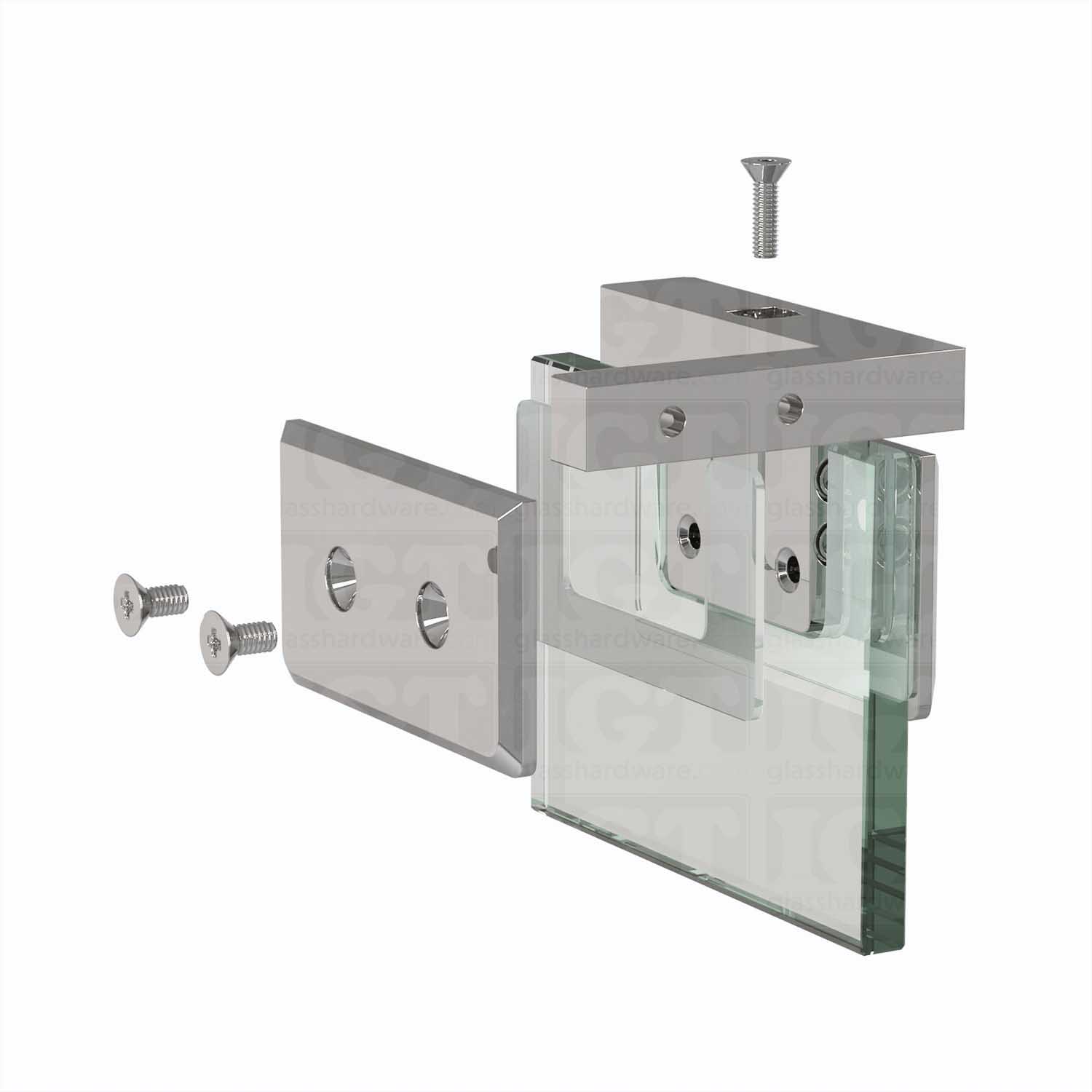 Exploded view of a Right Wall Mount Bilboa Pivot Hinge assembly, showing its individual components. The image shows the hinge being securely attached to the glass. Chrome Polished.