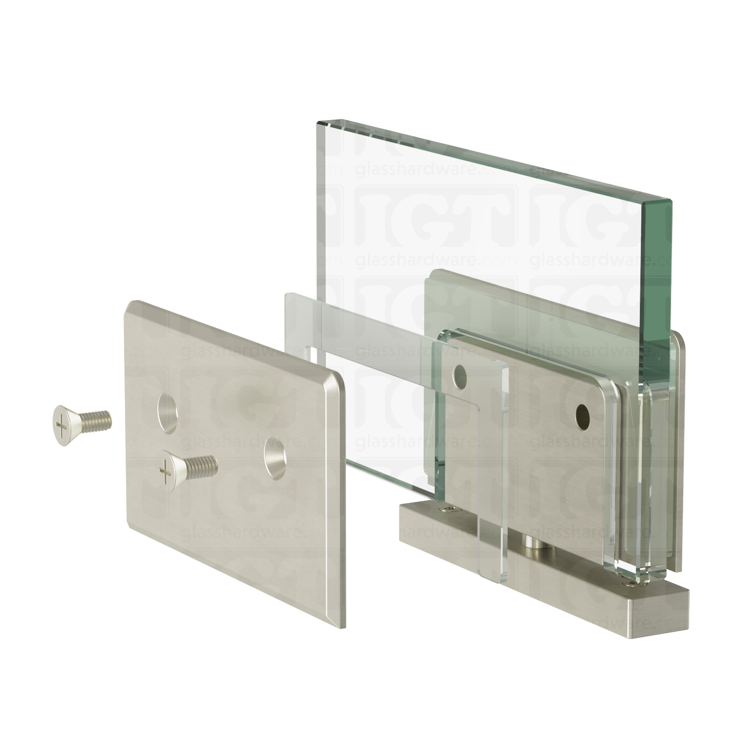 Exploded view of a Heavy Duty Top and Bottom Bilboa Pivot Hinge assembly, showing its individual components. The image shows the hinge being securely attached to the glass. Brushed Nickel.