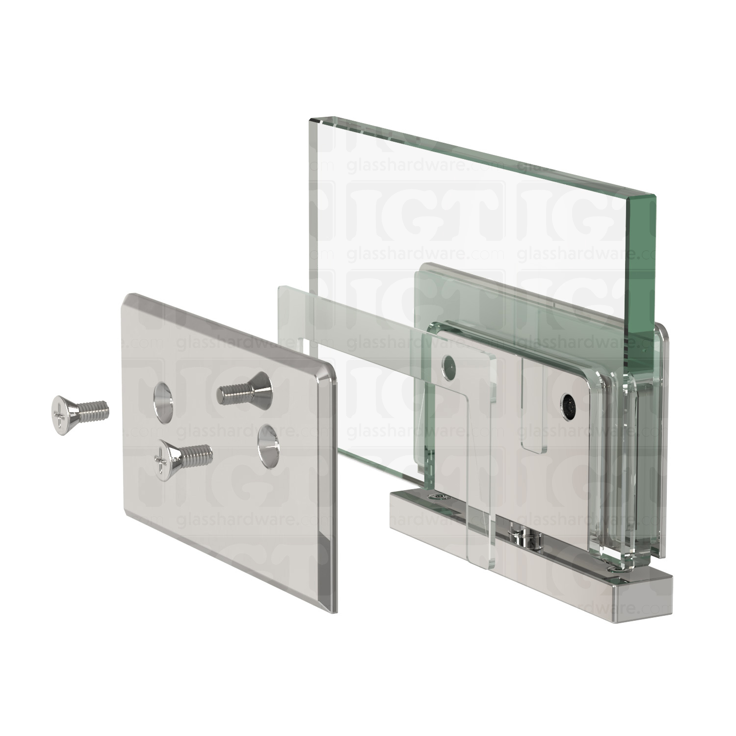 Exploded view of a Heavy Duty Top and Bottom Bilboa Pivot Hinge assembly, showing its individual components. The image shows the hinge being securely attached to the glass. Chrome Polished.