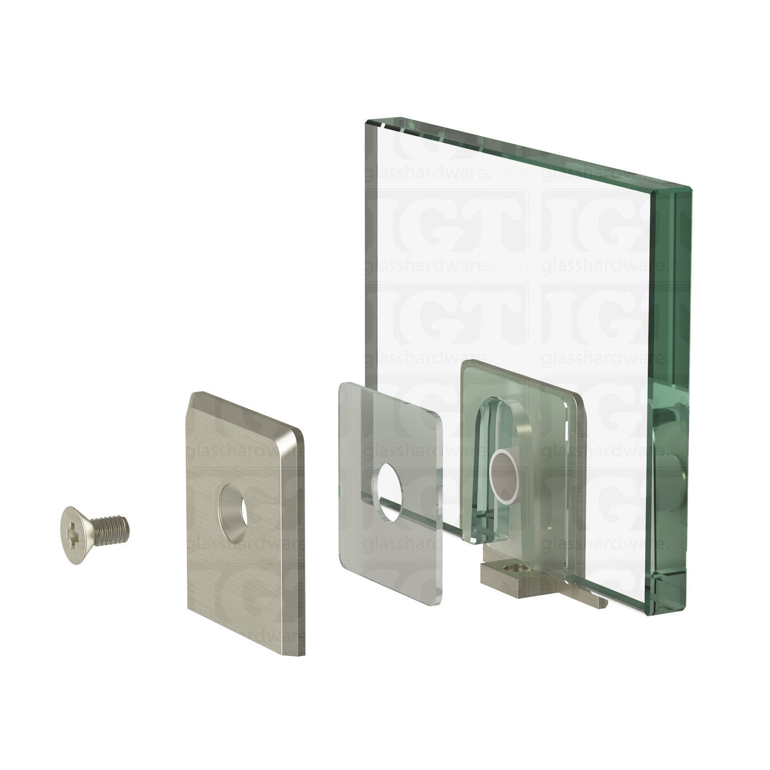 An exploded view of a Wall-to-Glass Bilboa Clamp assembly. The image shows the clamp's plates, clear gasket, and screw being fitted onto a glass planel. Brushed Nickel.