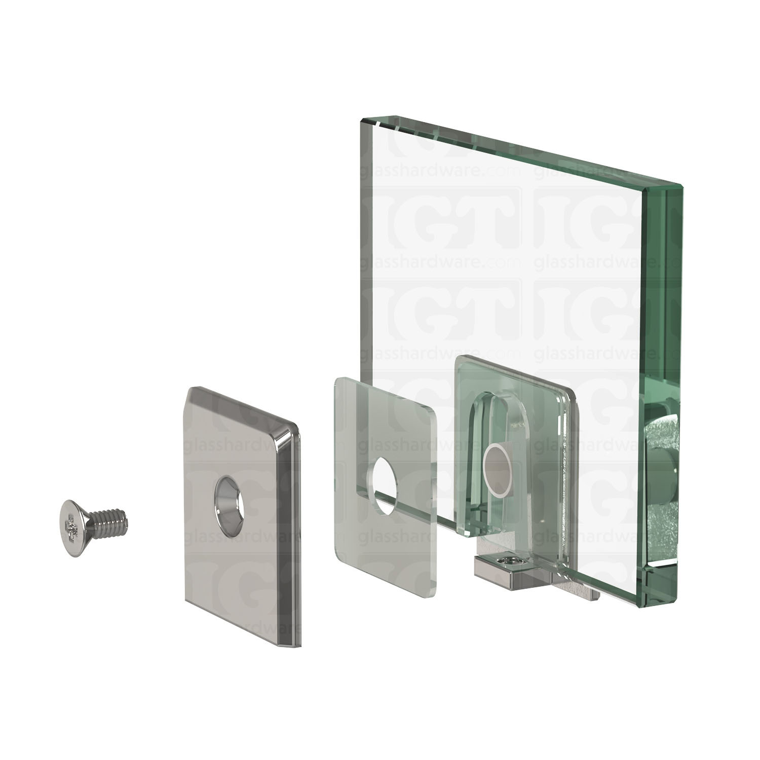 An exploded view of a Wall-to-Glass Bilboa Clamp assembly. The image shows the clamp's plates, clear gasket, and screw being fitted onto a glass planel. Chrome Polished.