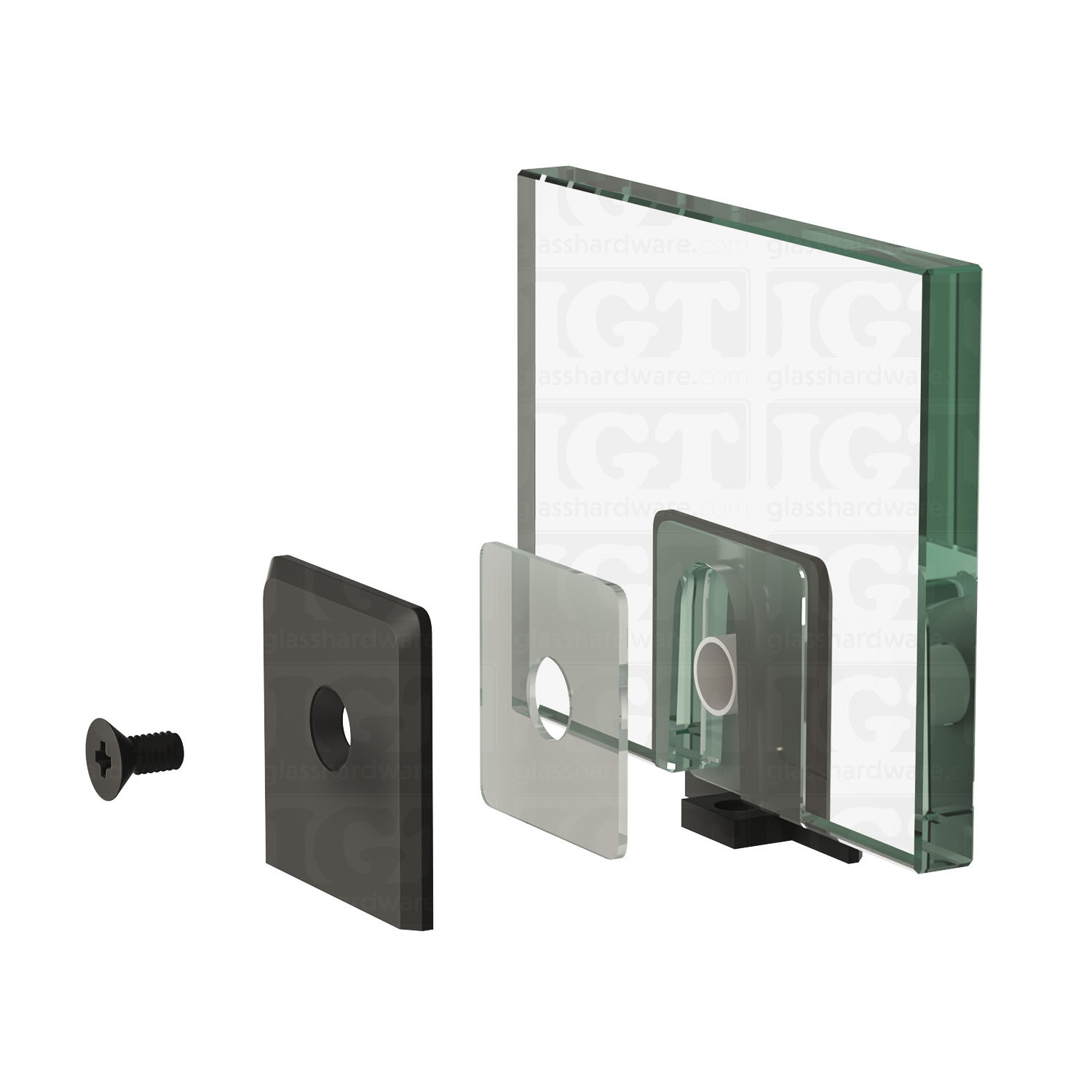 An exploded view of a Wall-to-Glass Bilboa Clamp assembly. The image shows the clamp's plates, clear gasket, and screw being fitted onto a glass planel. Matte Black.