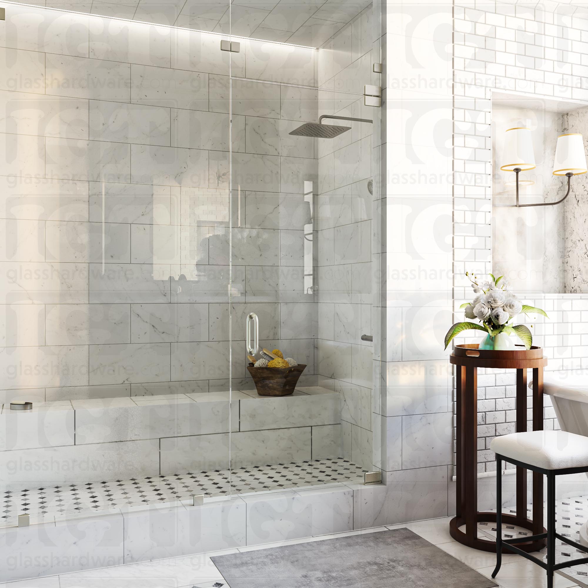 An elegant bathroom featuring a frameless glass shower enclosure, secured with Glass-to-Glass 180 Degree Bilboa Clamps (Split Face). The shower's frameless design elevates the bathroom's clean and luxurious aesthetic. Brushed Nickel.