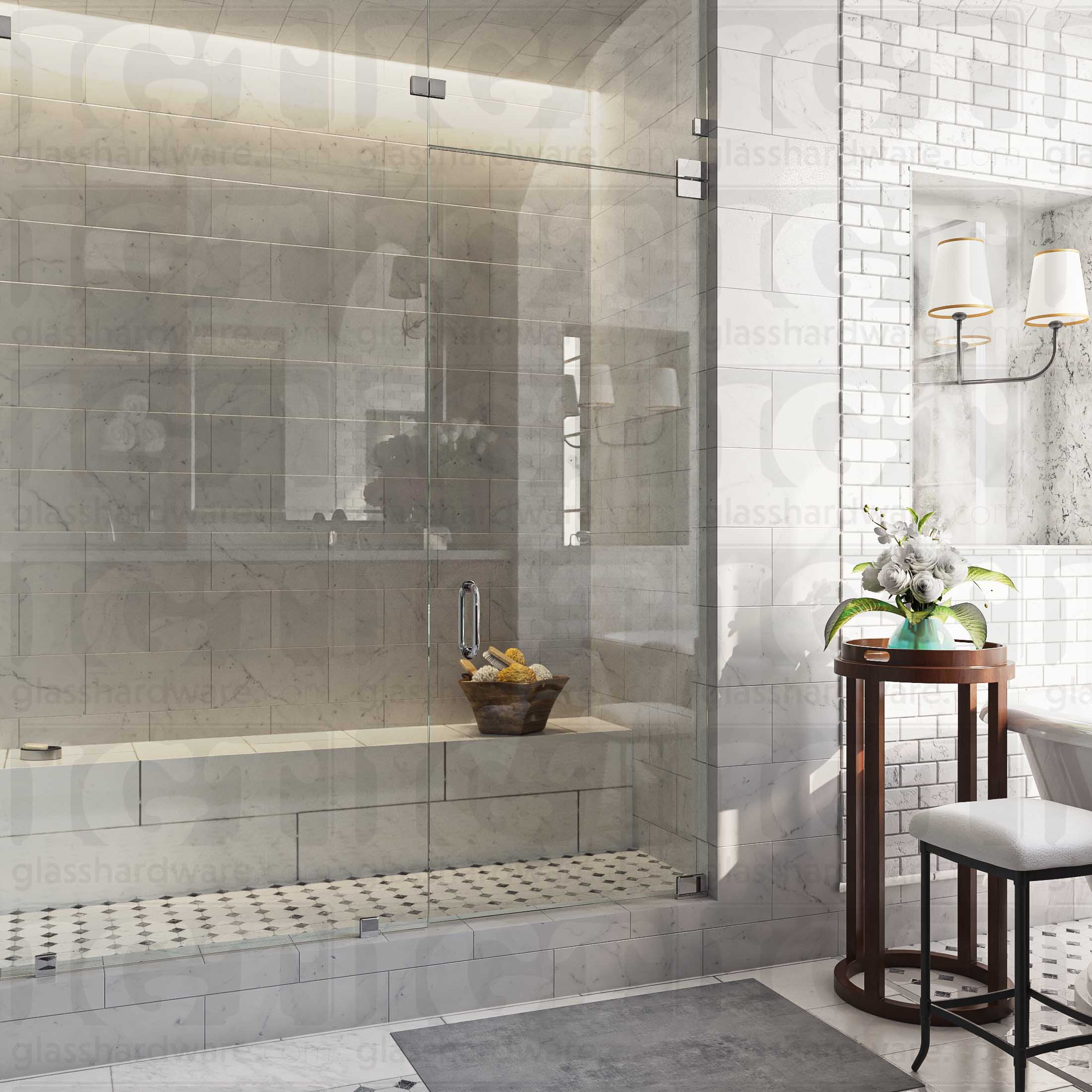 An elegant bathroom featuring a frameless glass shower enclosure, secured with Glass-to-Glass 180 Degree Bilboa Clamps (Split Face). The shower's frameless design elevates the bathroom's clean and luxurious aesthetic. Chrome Polished.