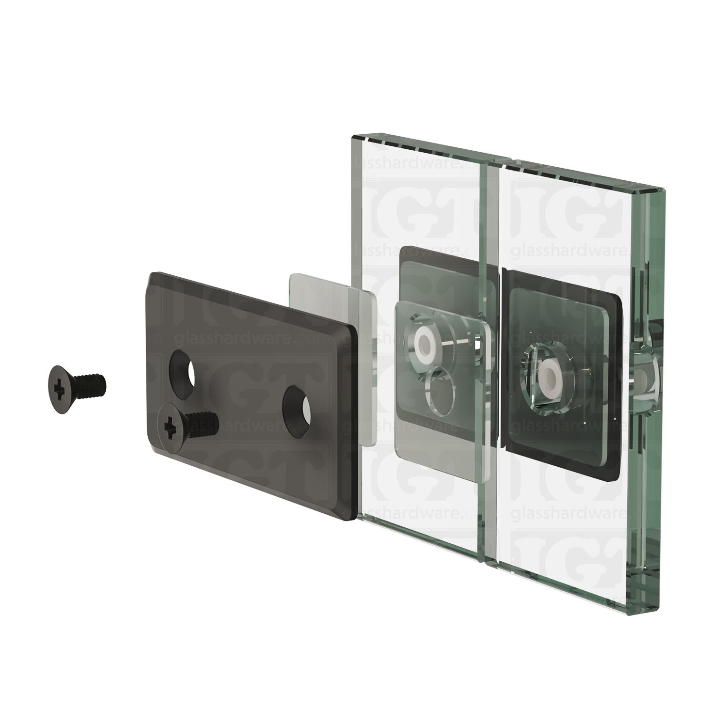 An exploded view of a Glass-to-Glass 180 Degree Bilboa Clamp (Split Face) assembly. The image shows the clamp's plates, clear gaskets, and screws being fitted onto two adjacent glass planels. Matte Black.