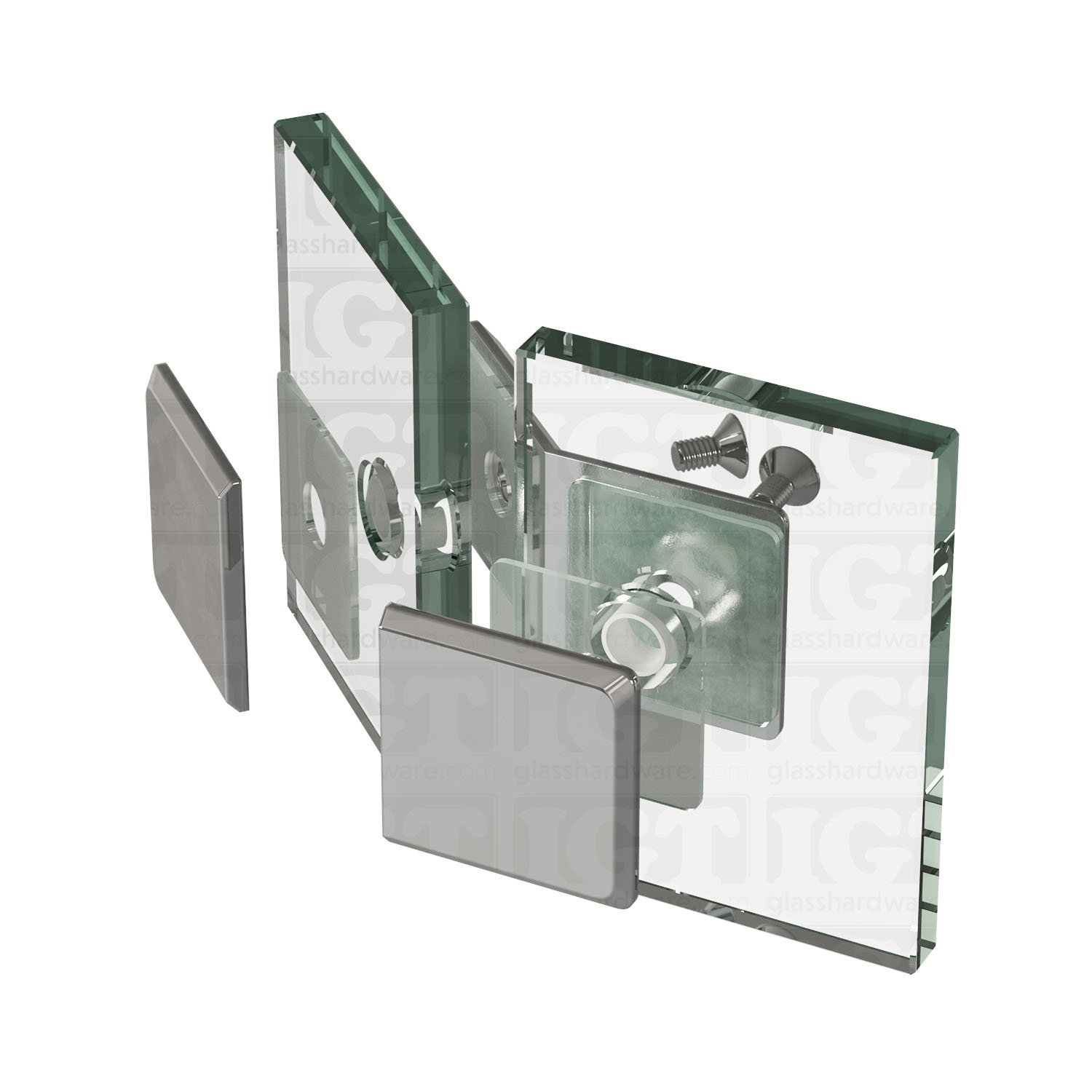 An exploded view of a Glass-to-Glass 135 Degree Bilboa Clamp assembly. The image shows the clamp's plates, clear gaskets, and screws being fitted onto two glass planels meeting at an angle. Chrome Polished.