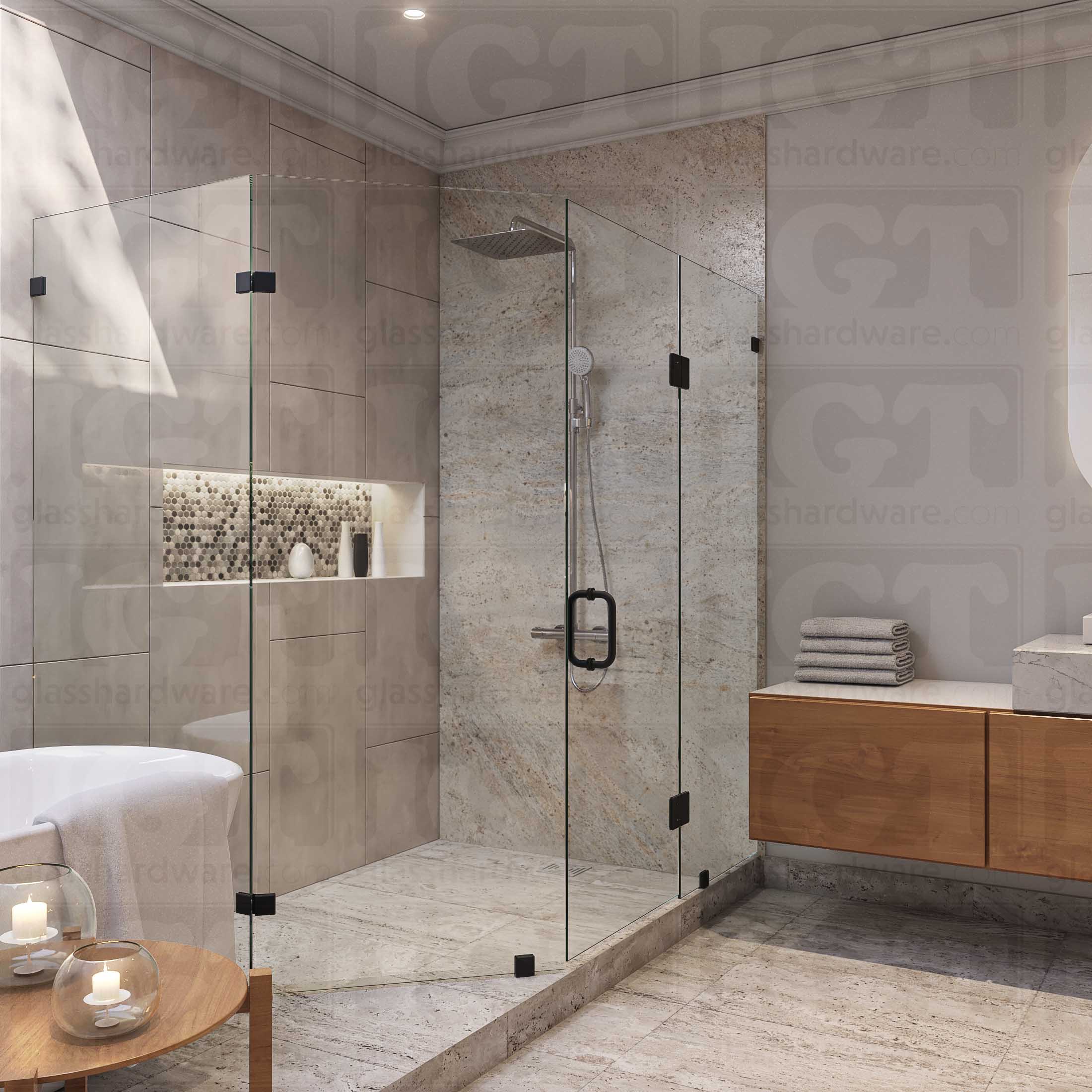 A modern bathroom featuring a frameless neo angle shower enclosure, secured by Glass-to-Glass 135 Degree Bilboa Clamps. The shower's frameless design complements the bathroom's overall earthy and minimalist aesthetic. Matte Black