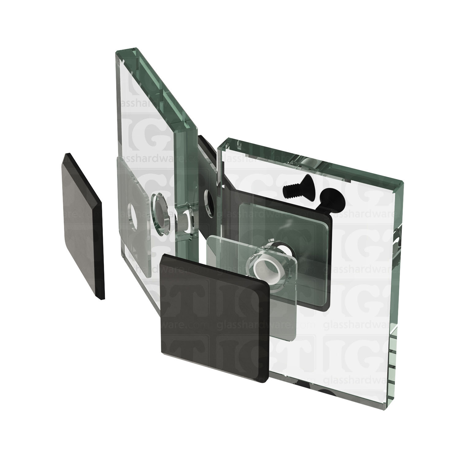 An exploded view of a Glass-to-Glass 135 Degree Bilboa Clamp assembly. The image shows the clamp's plates, clear gaskets, and screws being fitted onto two glass planels meeting at an angle. Matte Black.