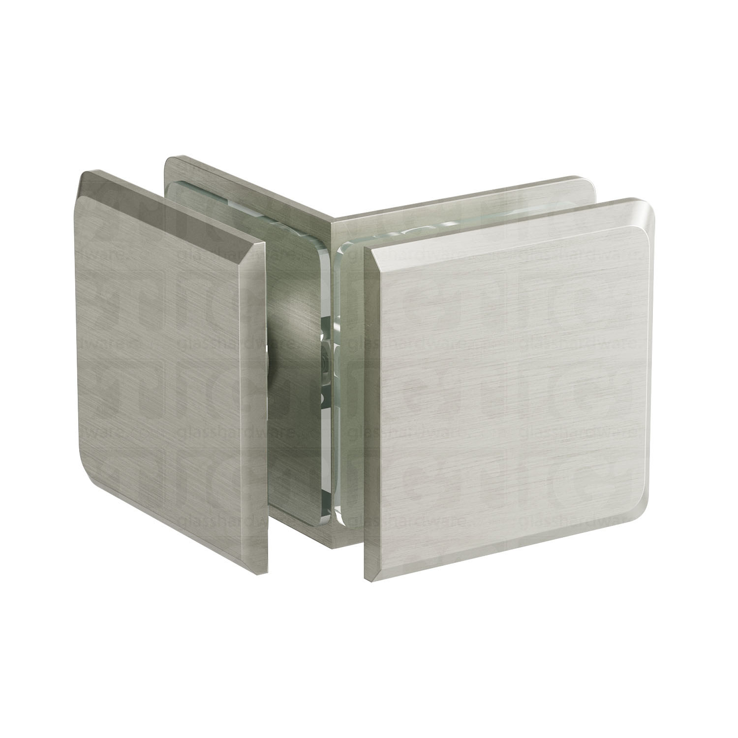 The Glass-to-Glass 90 Degree Bilboa Clamp in Brushed Nickel.