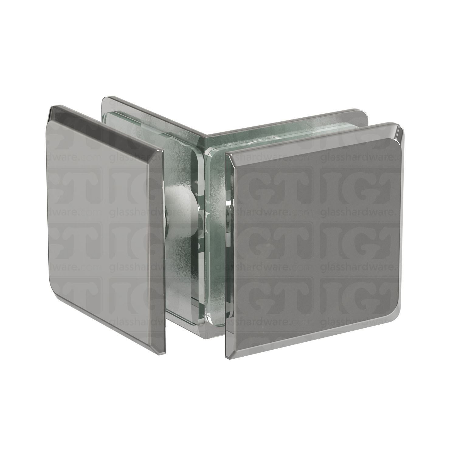 The Glass-to-Glass 90 Degree Bilboa Clamp in Chrome Polished.