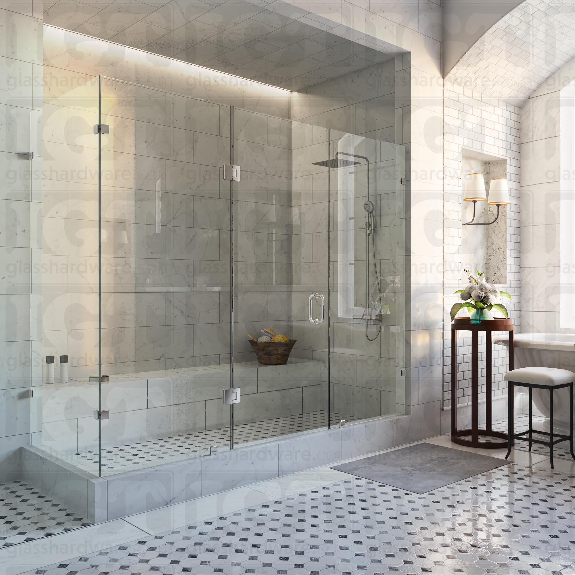 An elegant bathroom featuring a frameless glass shower enclosure, secured with Glass-to-Glass 90 Degree Bilboa Clamps. The shower's frameless design elevates the bathroom's clean and luxurious aesthetic. Chrome Polished.