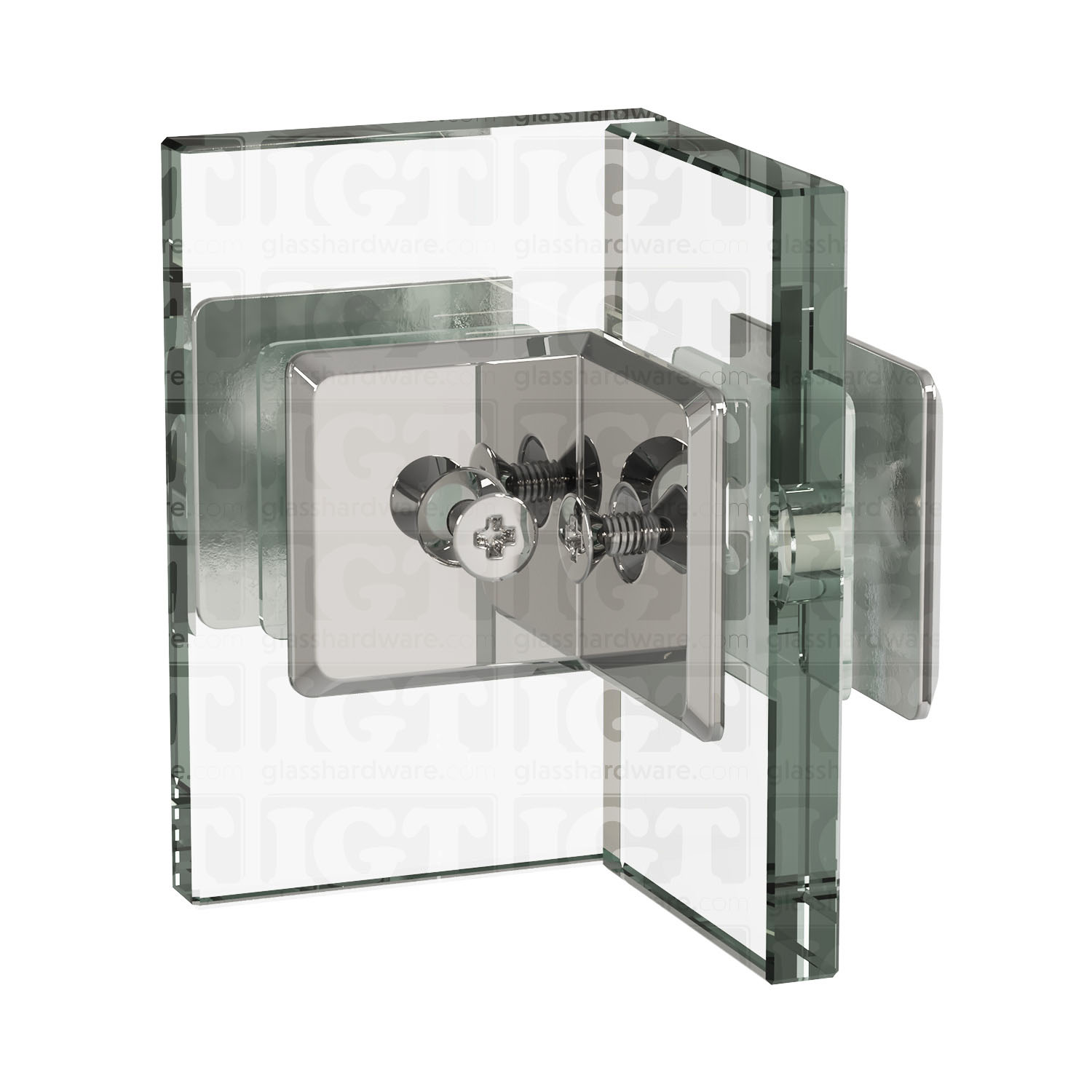 An exploded view of a Glass-to-Glass 90 Degree Bilboa Clamp assembly. The image shows the clamp's plates, clear gaskets, and screws being fitted onto two glass planels meeting at an angle. Chrome Polished.