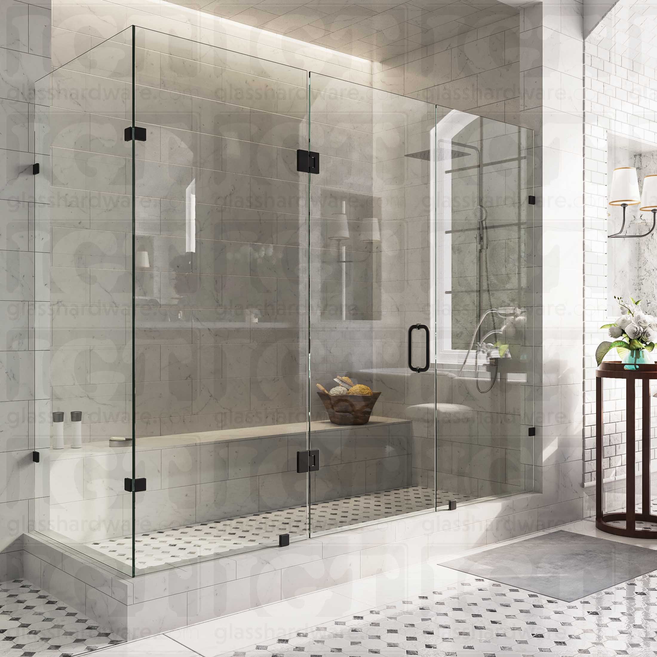 An elegant bathroom featuring a frameless glass shower enclosure, secured with Glass-to-Glass 90 Degree Bilboa Clamps. The shower's frameless design elevates the bathroom's clean and luxurious aesthetic. Matte Black.