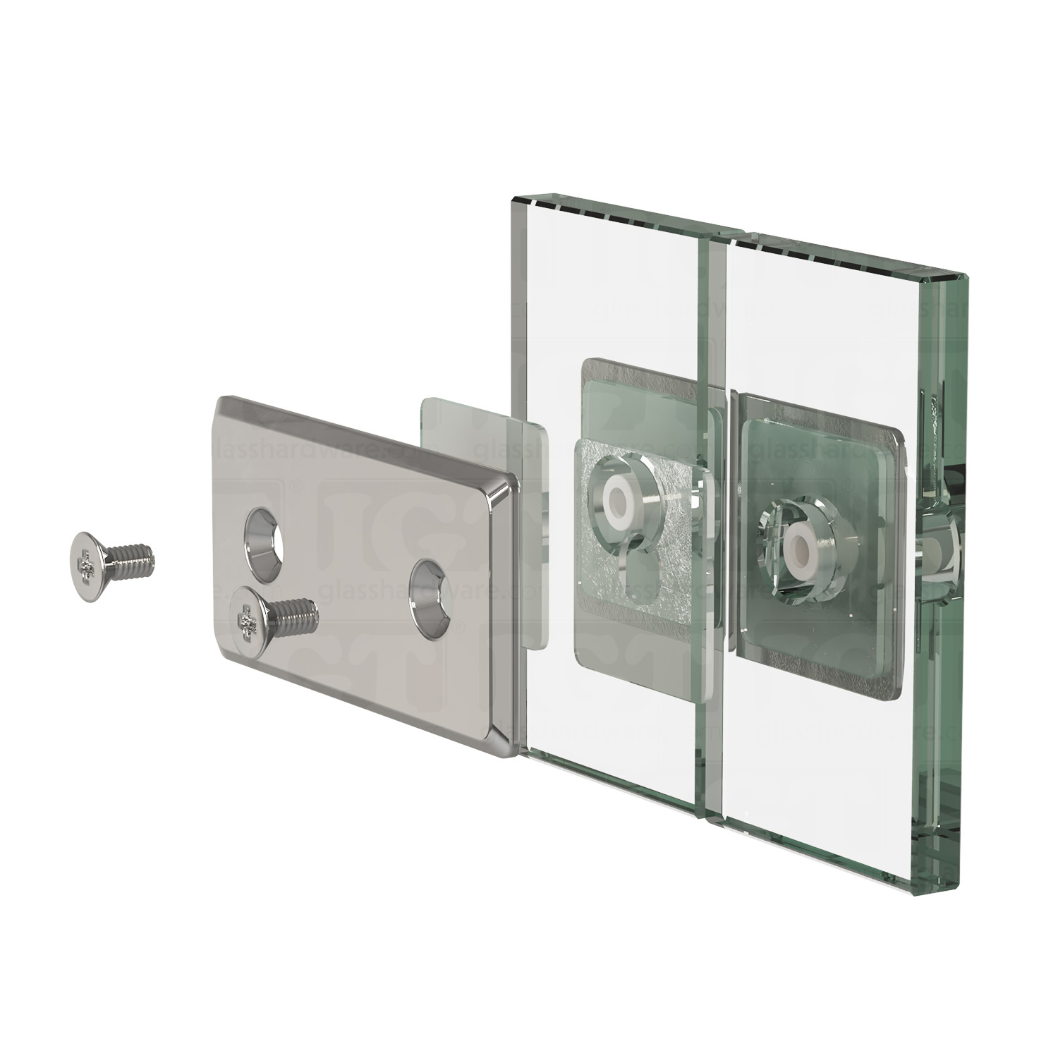 An exploded view of a Glass-to-Glass 180 Degree Bilboa Clamp (Split Face) assembly. The image shows the clamp's plates, clear gaskets, and screws being fitted onto two adjacent glass planels. Chrome Polished.