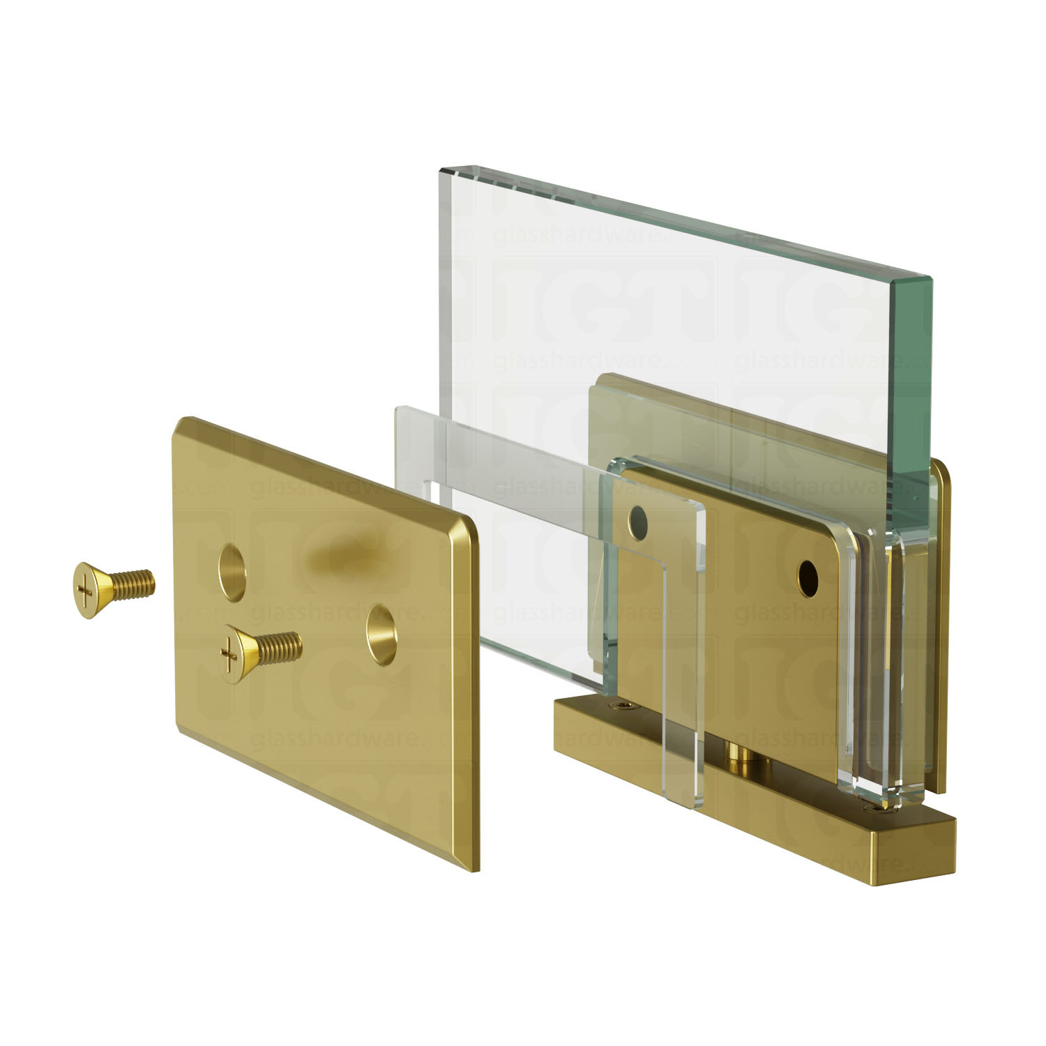 Exploded view of a Heavy Duty Top and Bottom Bilboa Pivot Hinge assembly, showing its individual components. The image shows the hinge being securely attached to the glass. Gold Brushed.