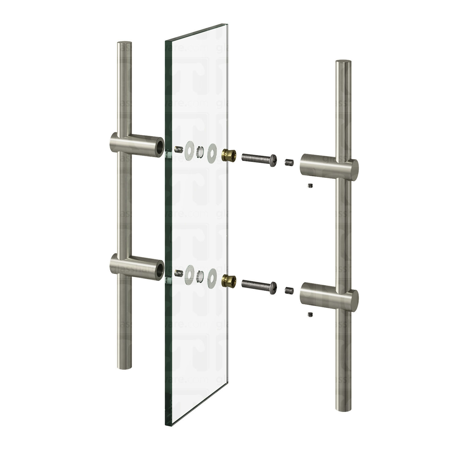 An exploded view of a 16" Round Adjustable Ladder Handle assembly. The image shows the handles and included hardware being fitted onto a glass planel. Brushed Nickel.