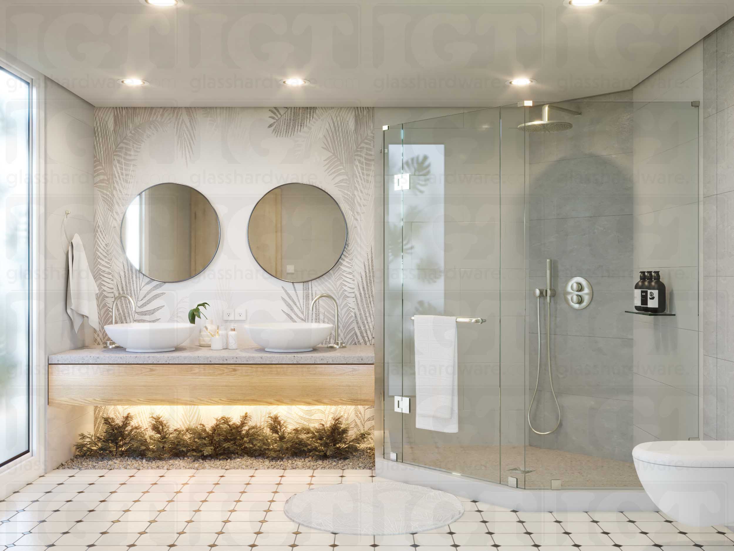 A modern bathroom with a frameless glass shower enclosure using the Left Wall-to-Glass Sleeve Over Clamp. Brushed Nickel.