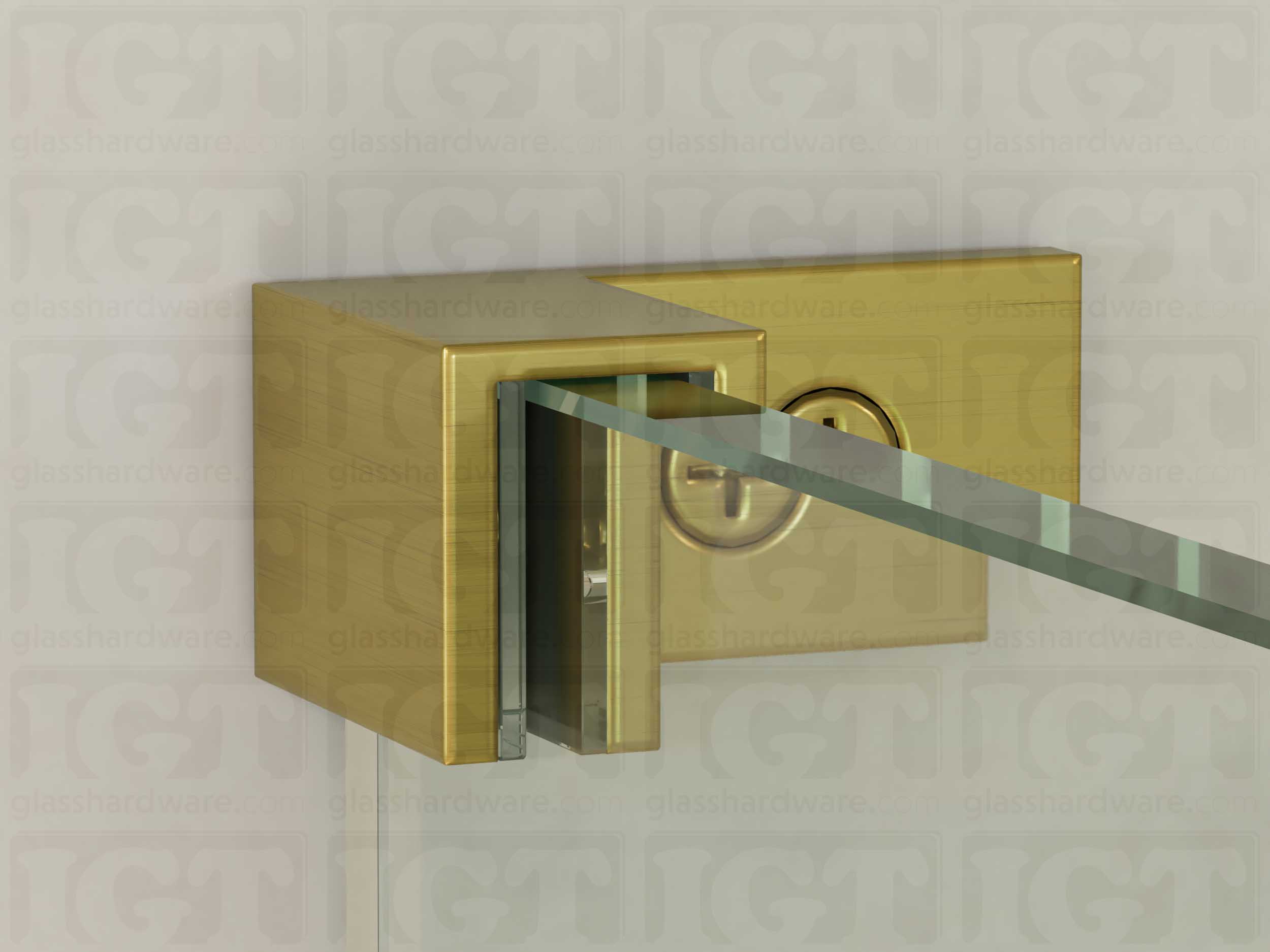 A close up of the Left Wall-to-Glass Sleeve Over Clamp mounted onto the glass panel. The glass is fitted securely into the clamps Solid Brass frame. Gold Brushed.