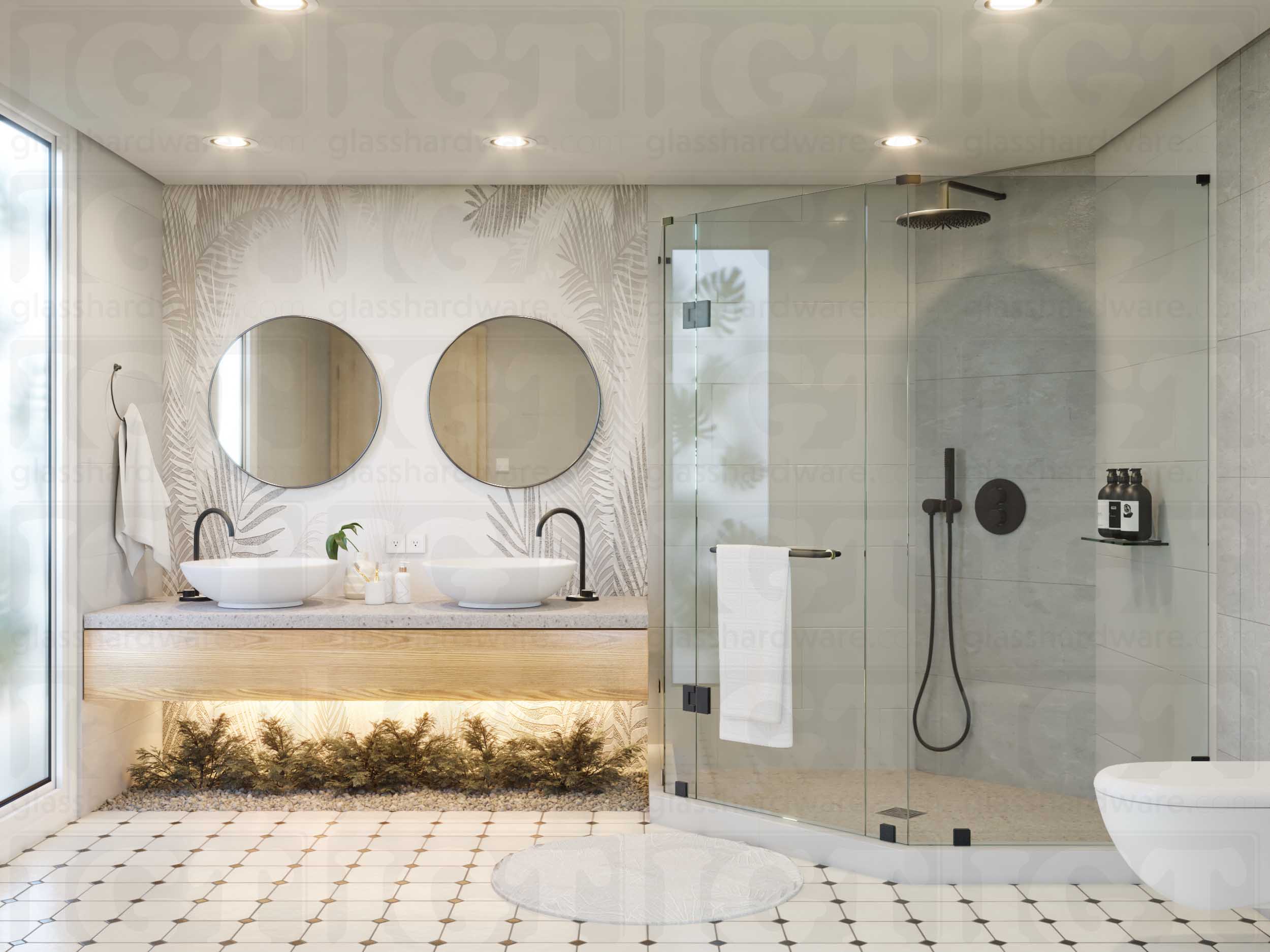 A modern bathroom with a frameless glass shower enclosure using the Left Wall-to-Glass Sleeve Over Clamp. Matte Black.